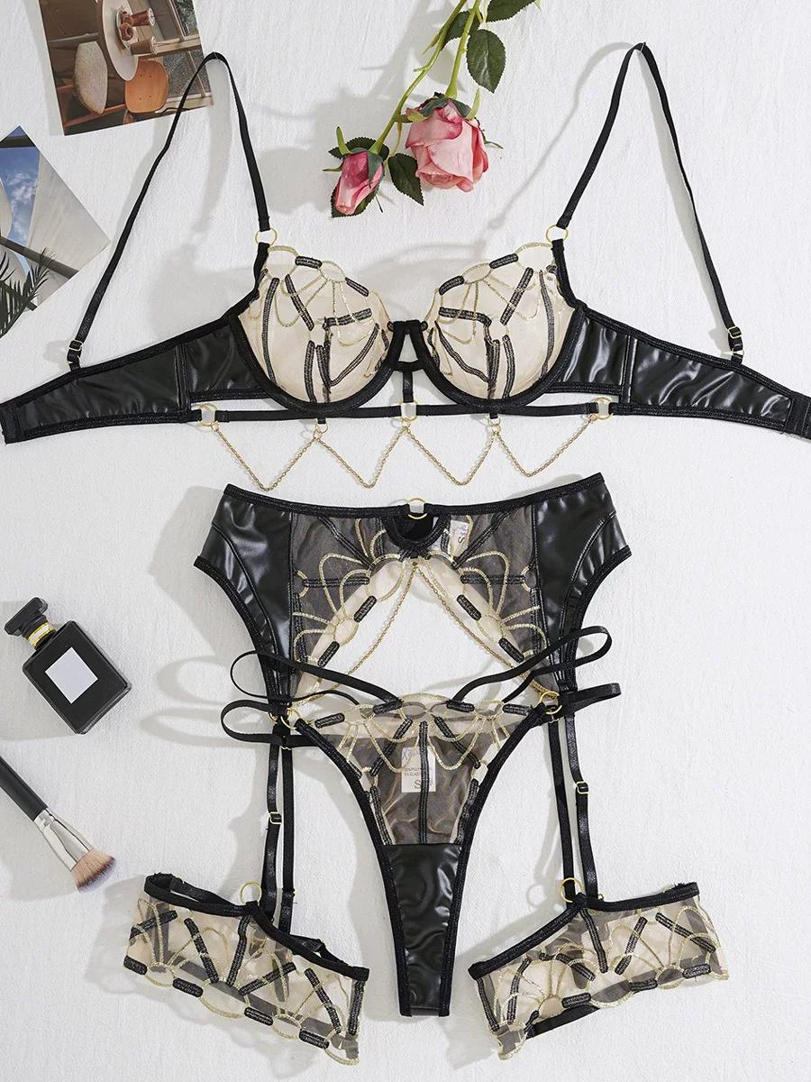 black thigh strap bands with PU faux leather patchwork worn with garter belt set