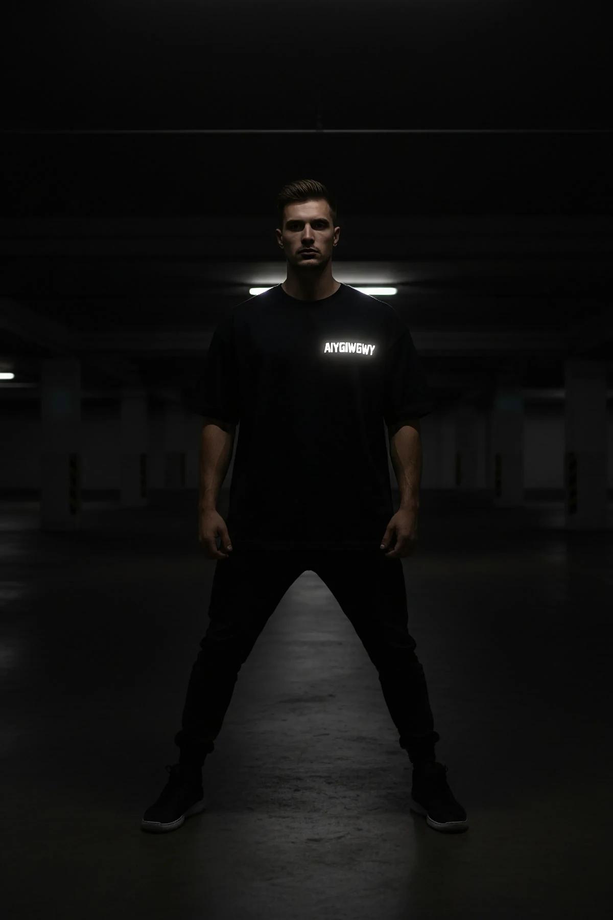 back view of black boxy oversize tee with full AIYGIWGWY reflective slogan print across upper back