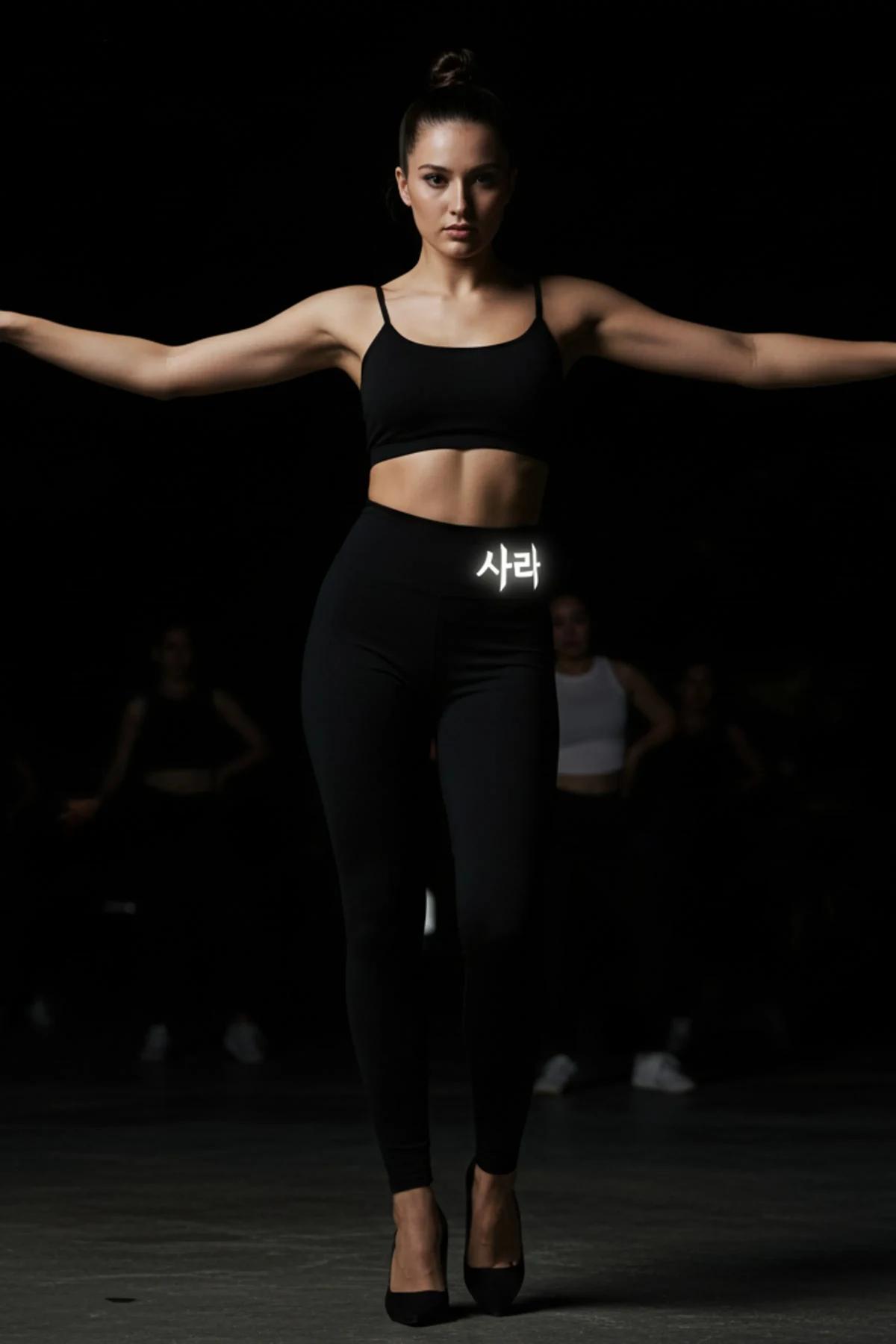 Black high-waist leggings with reflective Korean-script name print on waistband glowing white under direct light