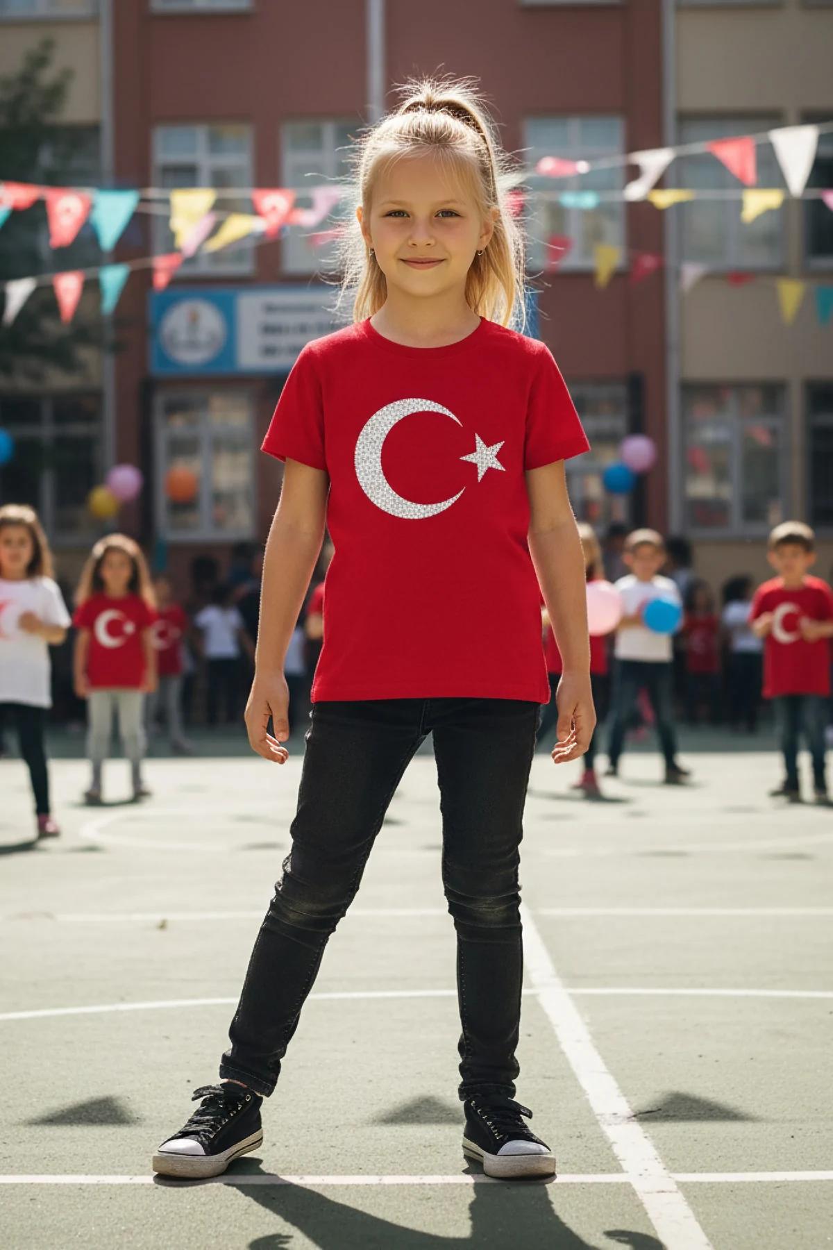 close-up of rhinestone-style reflective crescent star print on red cotton kids t-shirt chest