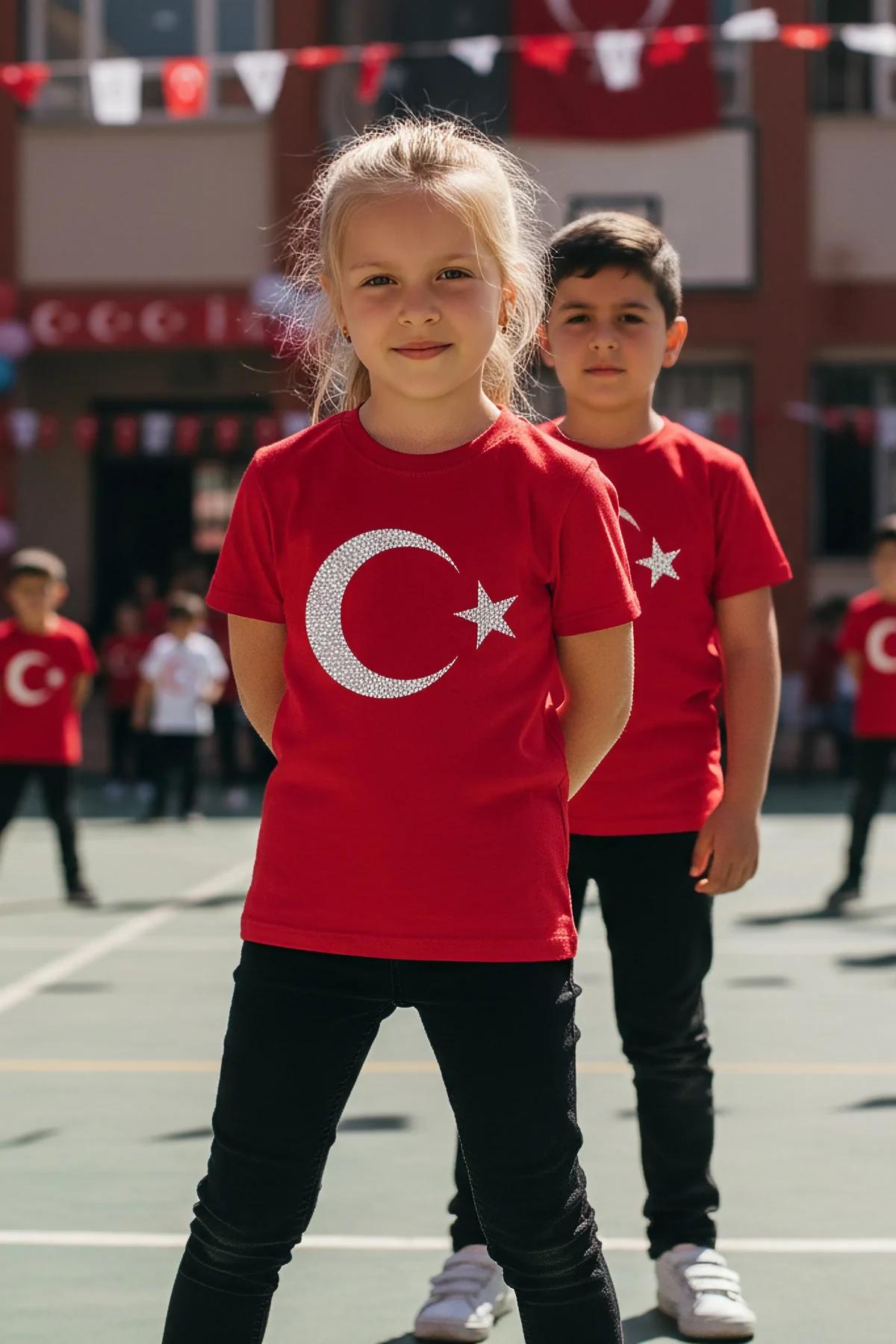 red kids cotton t-shirt with large reflective silver crescent and star front print worn by girl and boy at school yard
