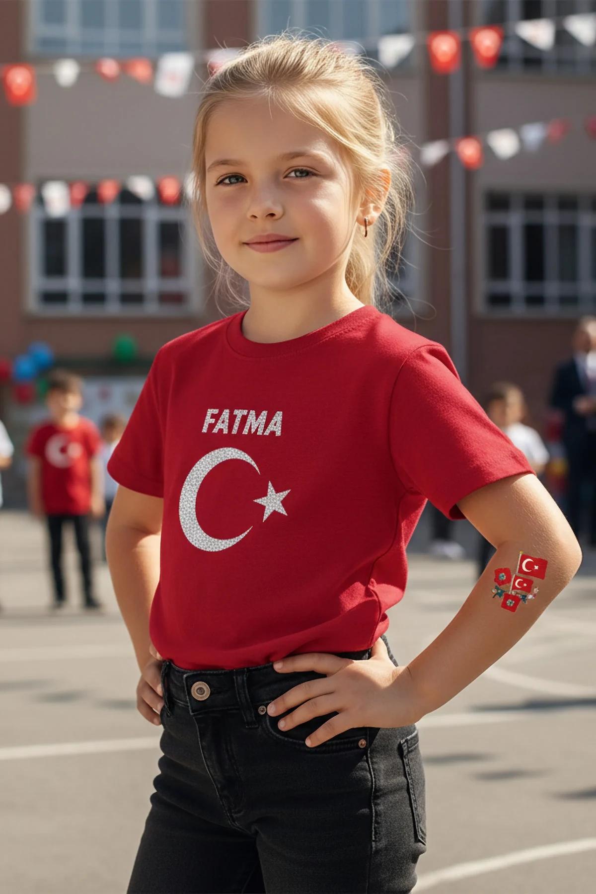 red kids t-shirt with reflective white crescent star print and custom name FATMA on chest