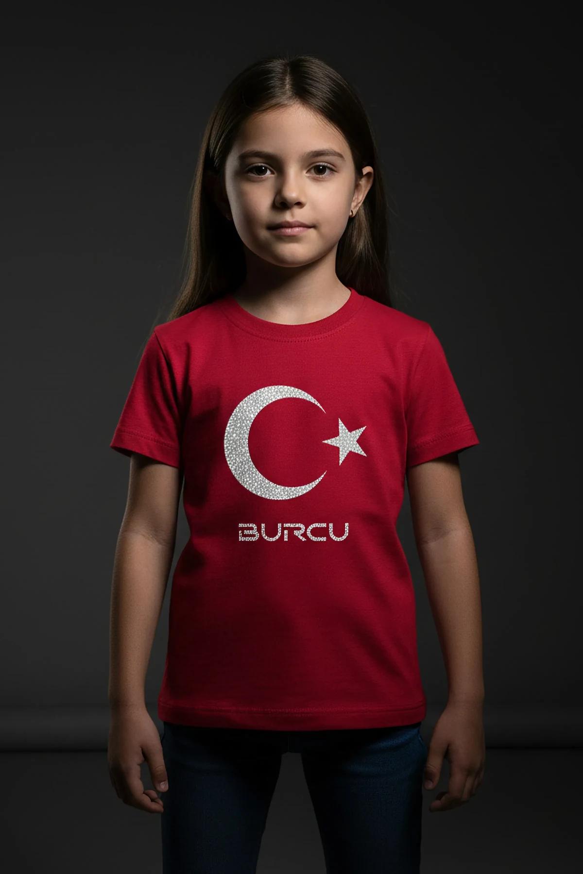 Red kids t-shirt with silver reflective crescent-star motif and BURCU custom name print on chest