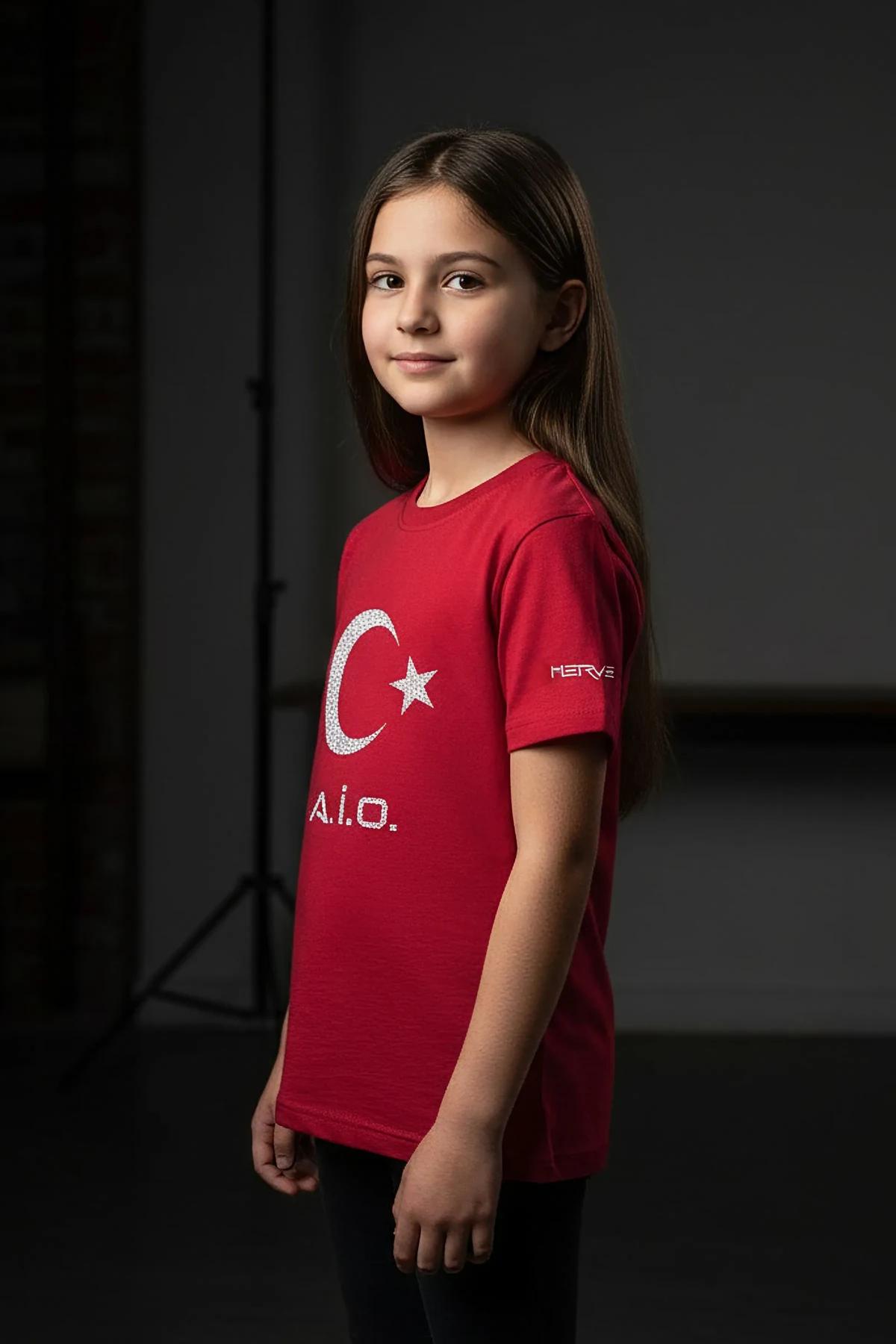 red kids t-shirt reflective crescent star A.I.O. print silver graphic crew neck short sleeve