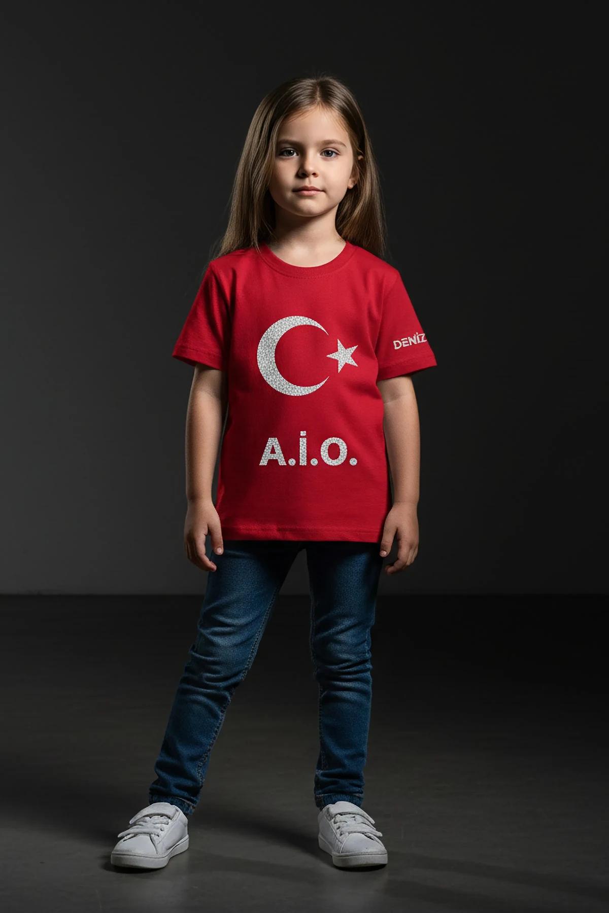 close-up of silver retroreflective crescent-star print on red cotton kids t-shirt chest
