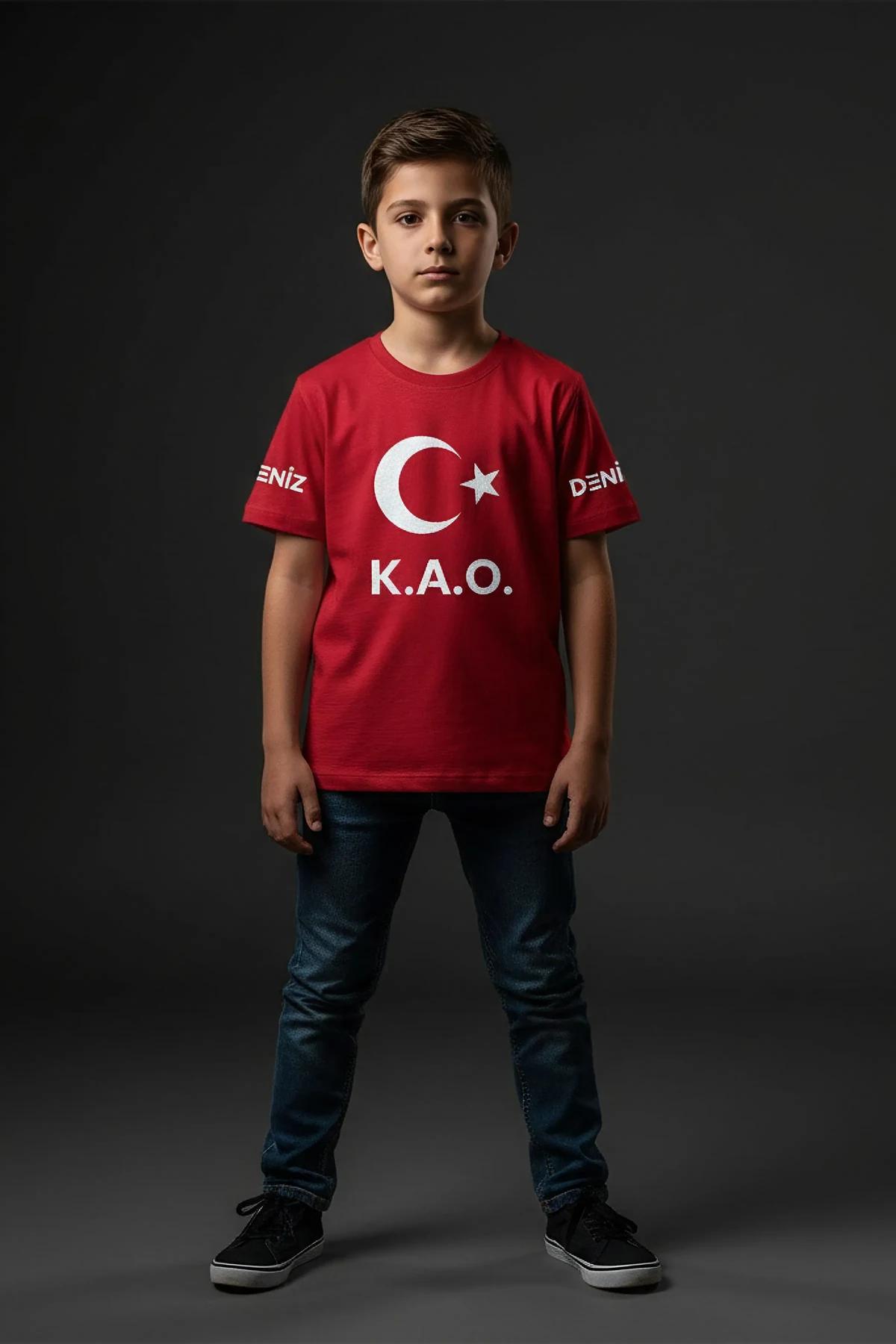 red kids t-shirt reflective crescent star chest print with custom name on sleeves worn by a boy