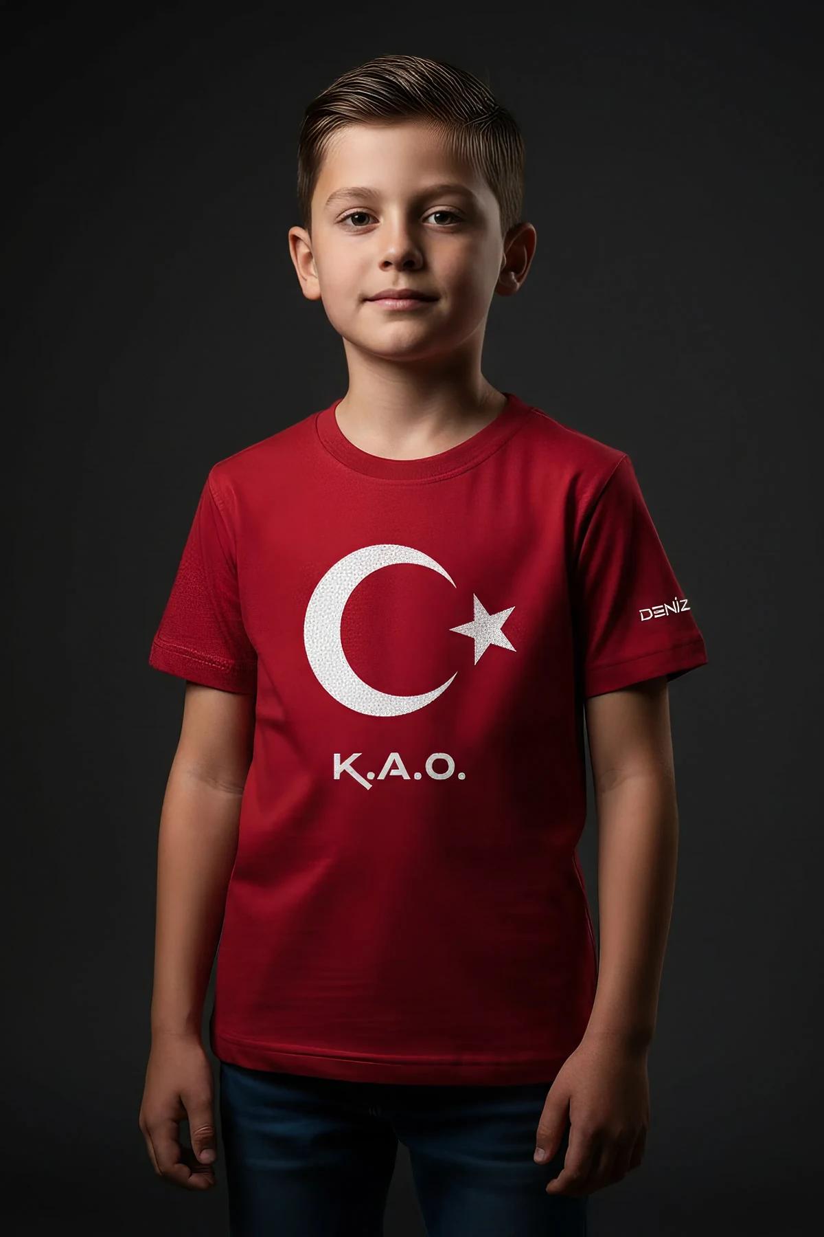 close-up of white reflective crescent and star graphic on red cotton kids t-shirt chest
