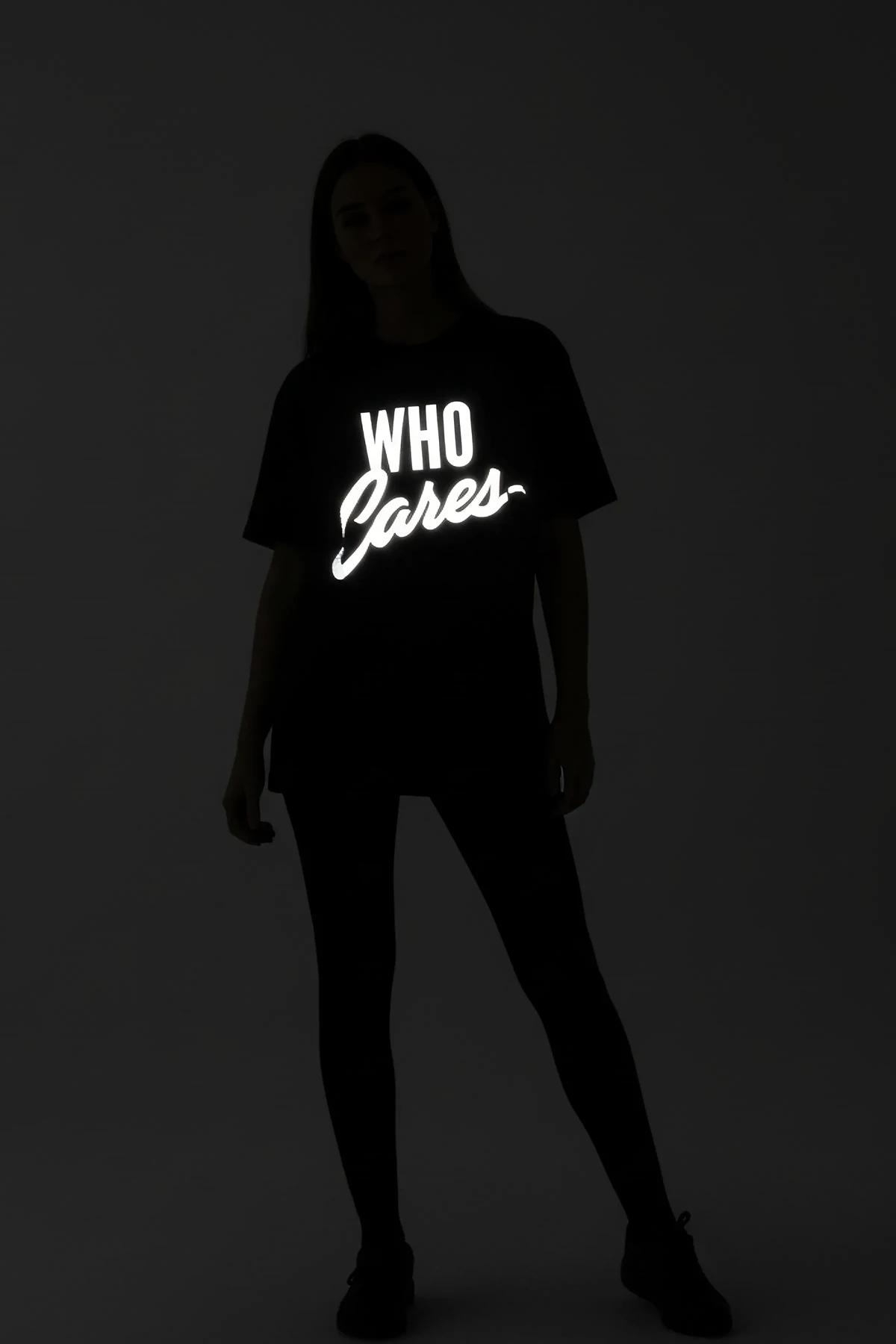 WHO Cares retroreflective chest print detail on black cotton jersey t-shirt