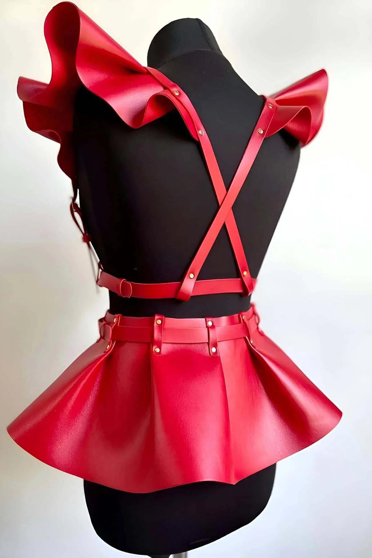 Ruffled Shoulder Harness with Flared Waist Skirt