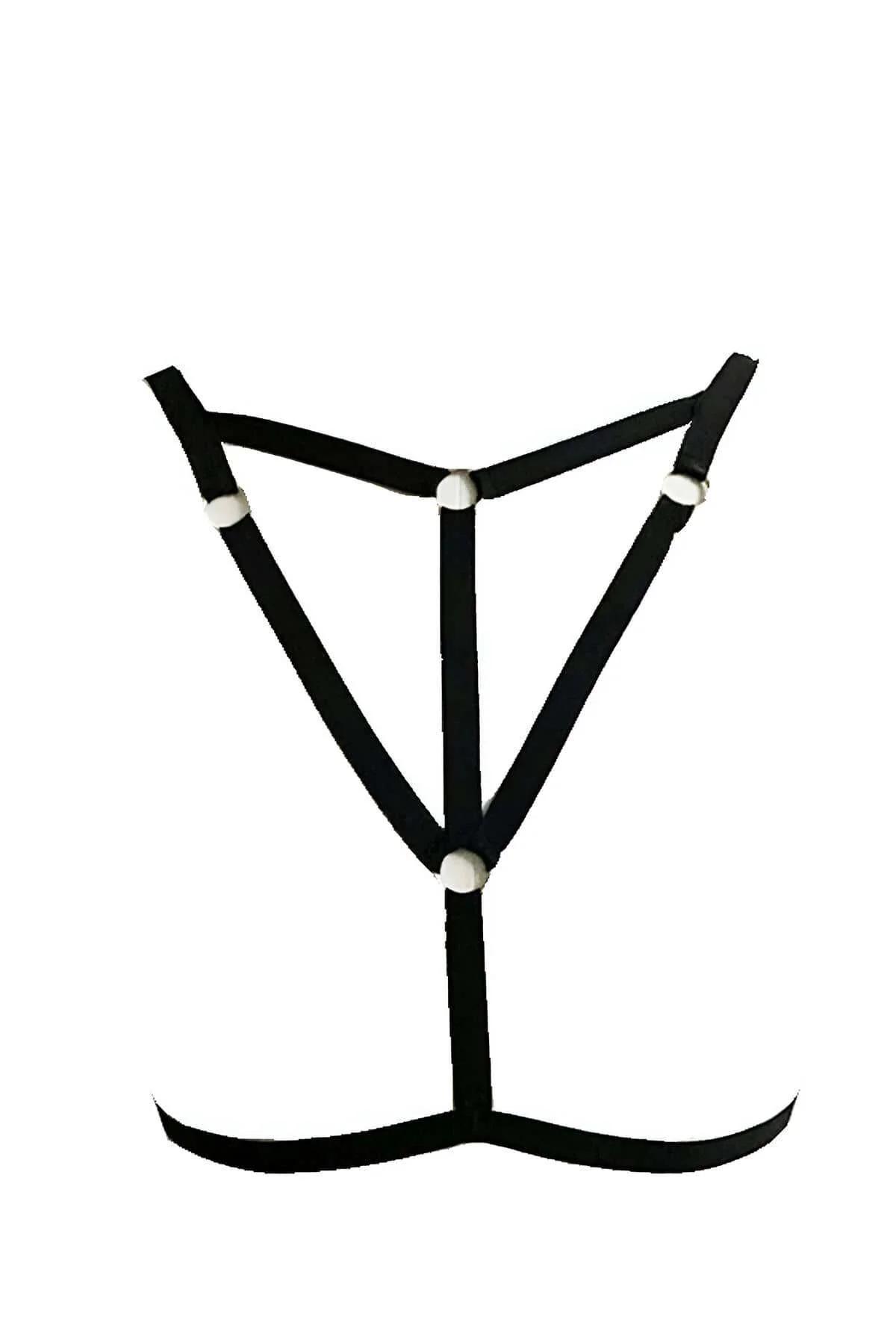 Black adjustable chest harness showing triangular strap formation and slider hardware detail