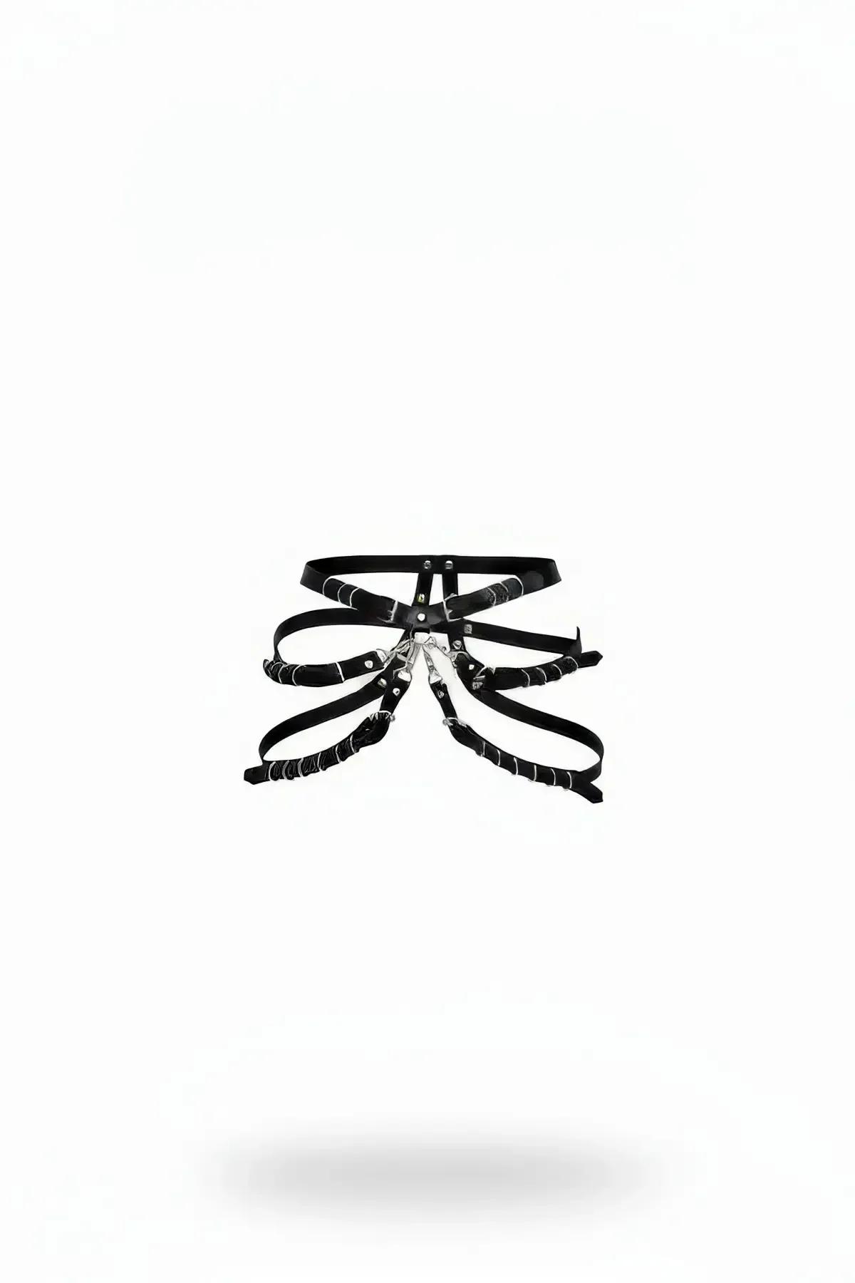 siyah suni deri çok bantlı vücut aksesuarı gümüş metal halka ve zincir detayı bel kalça
