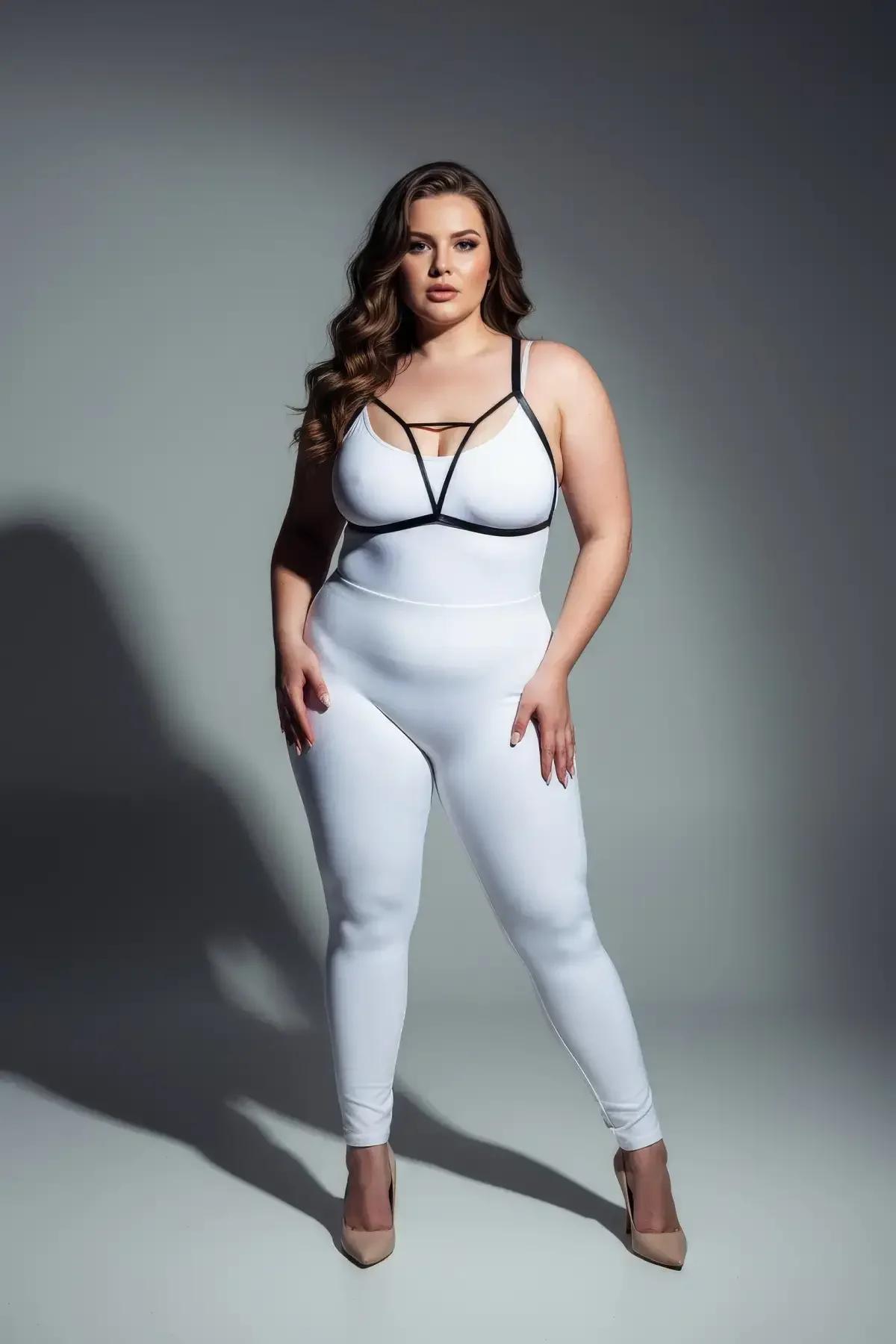 elastik siyah göğüs harness beyaz body kombinasyon büyük beden