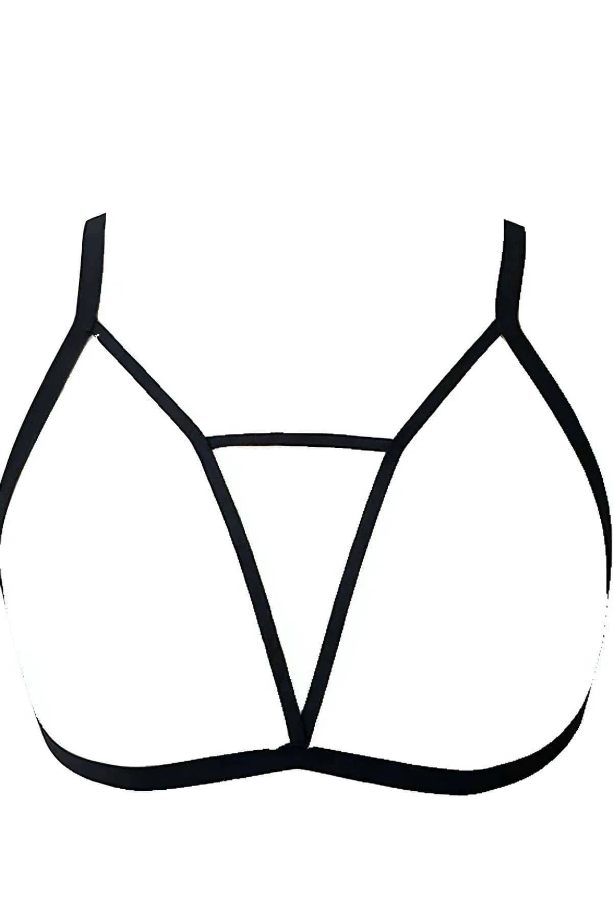 Black flat elastic cage bralette harness adjustable shoulder straps close-up detail