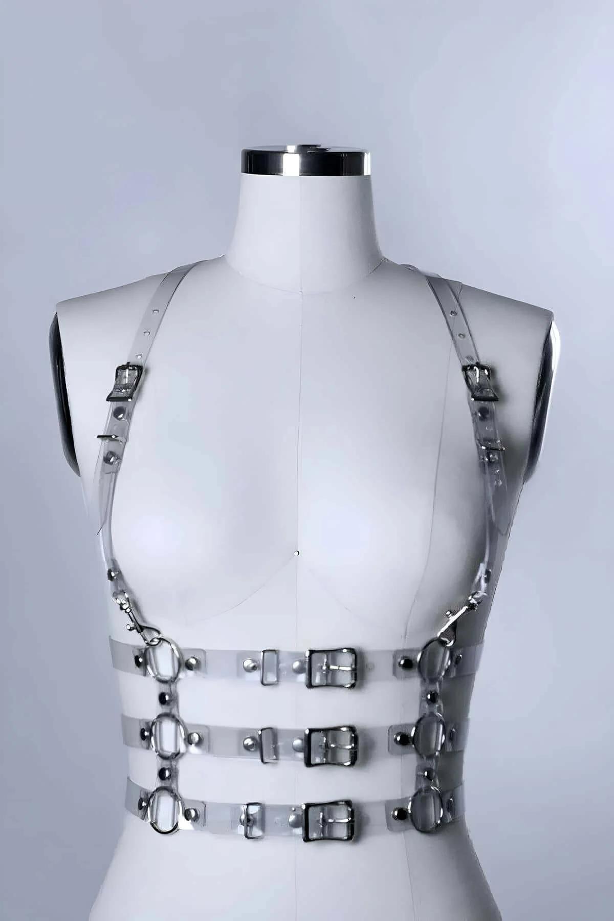 close-up of silver O-ring and buckle hardware on clear PVC harness straps