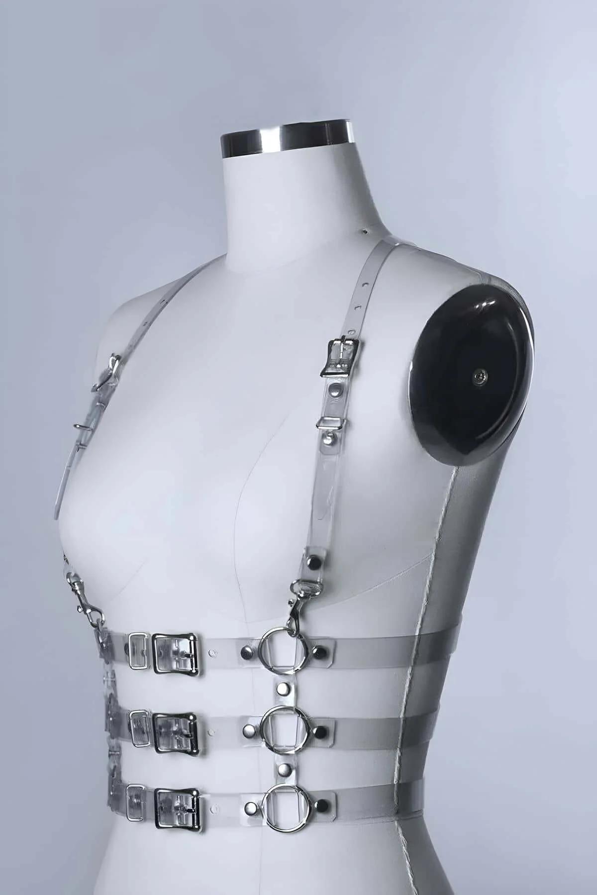 clear PVC body harness three adjustable waist bands from front view showing strap width