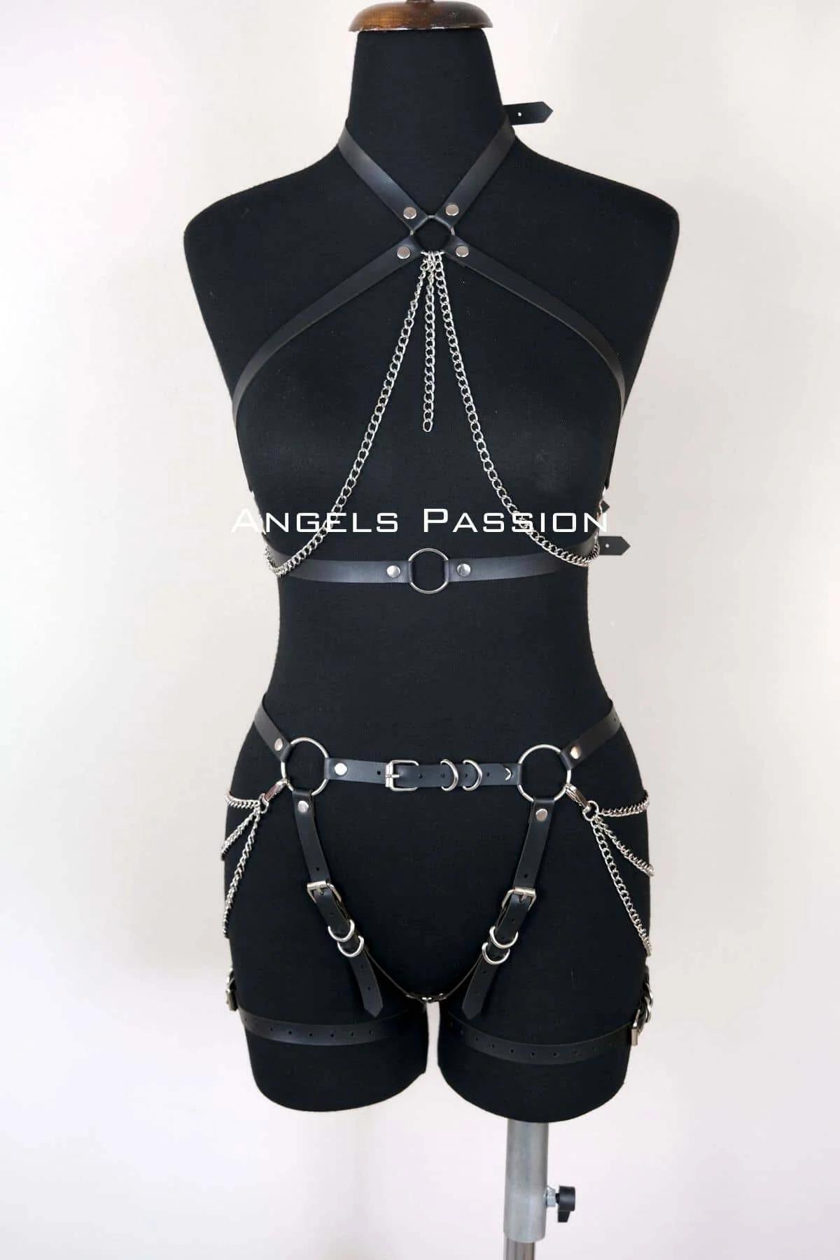 Black PU leather chest harness with three draping silver link chains and central O-ring detail