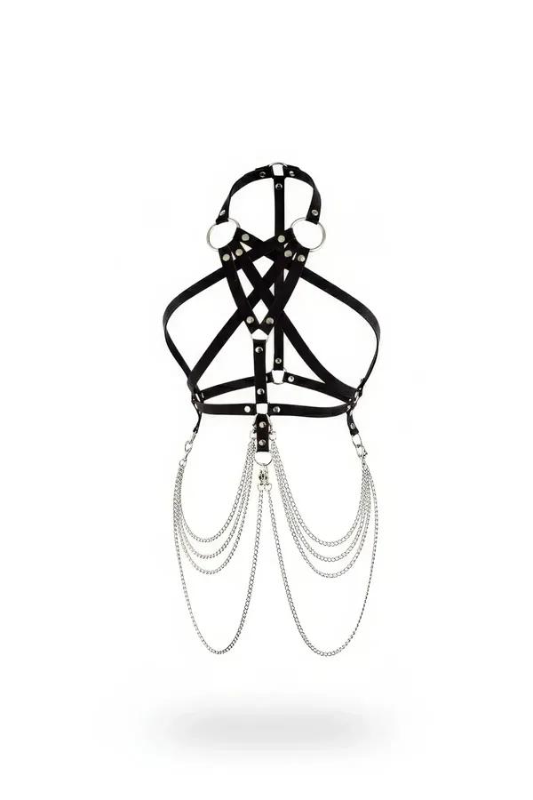 Zincir detaylı siyah vegan deri vücut harness aksesuarı gümüş O-halka ve sarkık zincir bantlı
