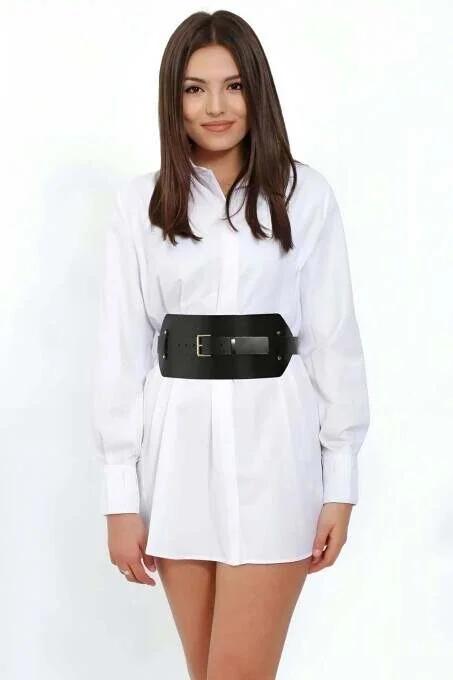 Black PU wide belt with gold buckle front view showing corset silhouette