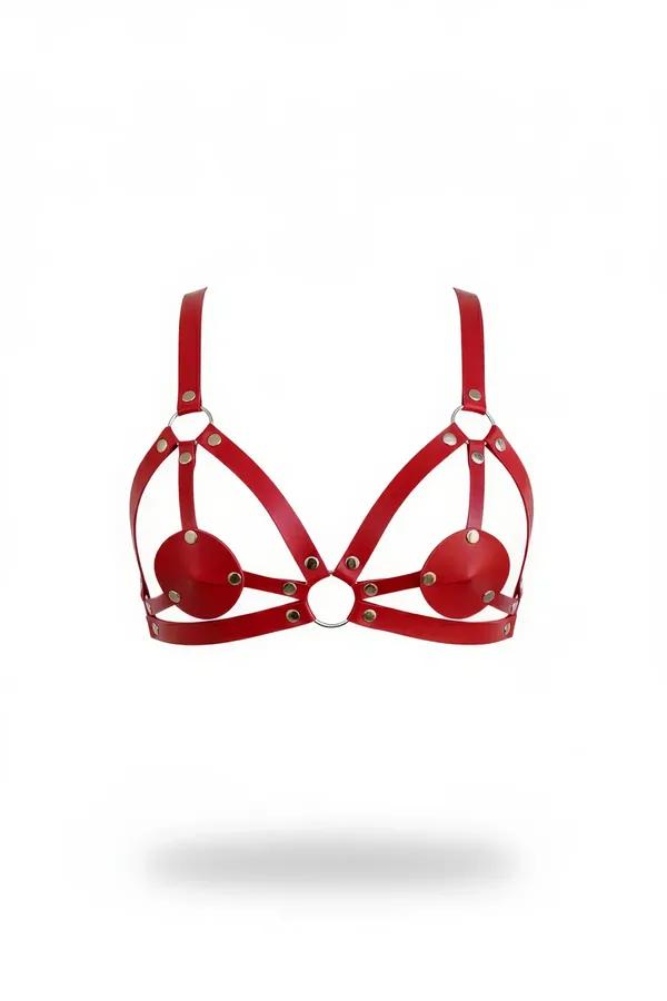 Red vegan leather cage bra harness with circular pastie covers and silver O-ring center hardware, front view