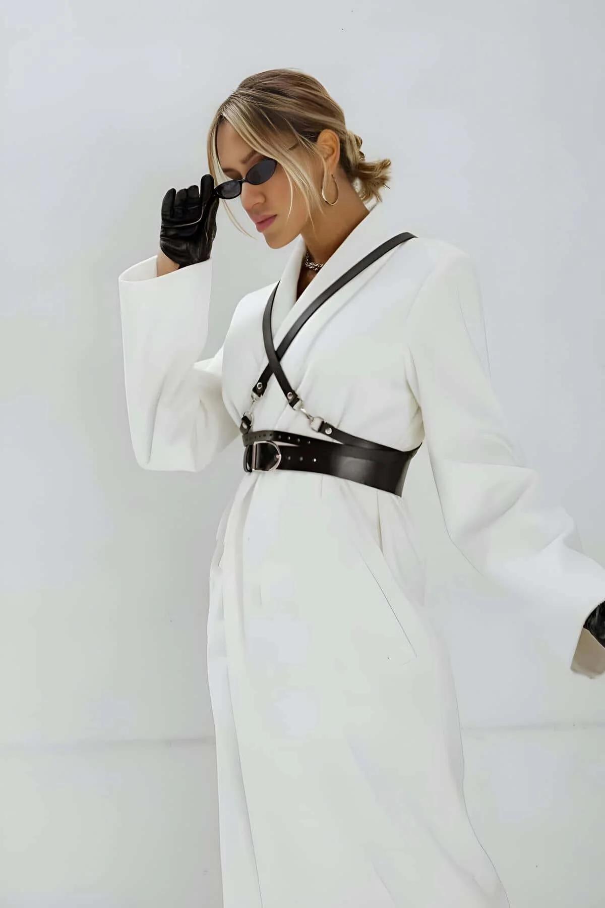 Matte black PU waist harness belt showing dual-band construction and spring-clip side connector detail