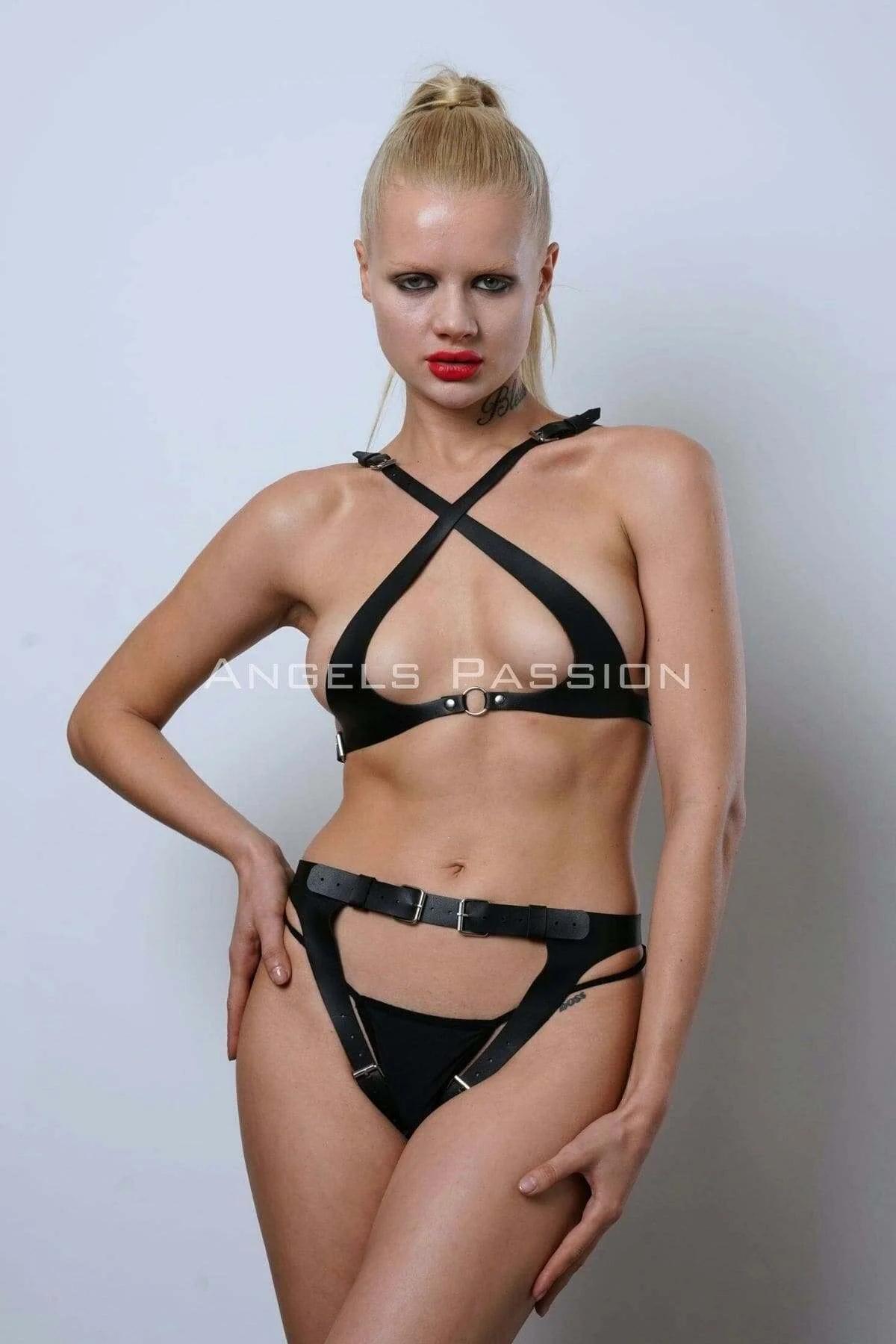 High waist harness briefs with three horizontal strap bands and dual front pin-buckles in black