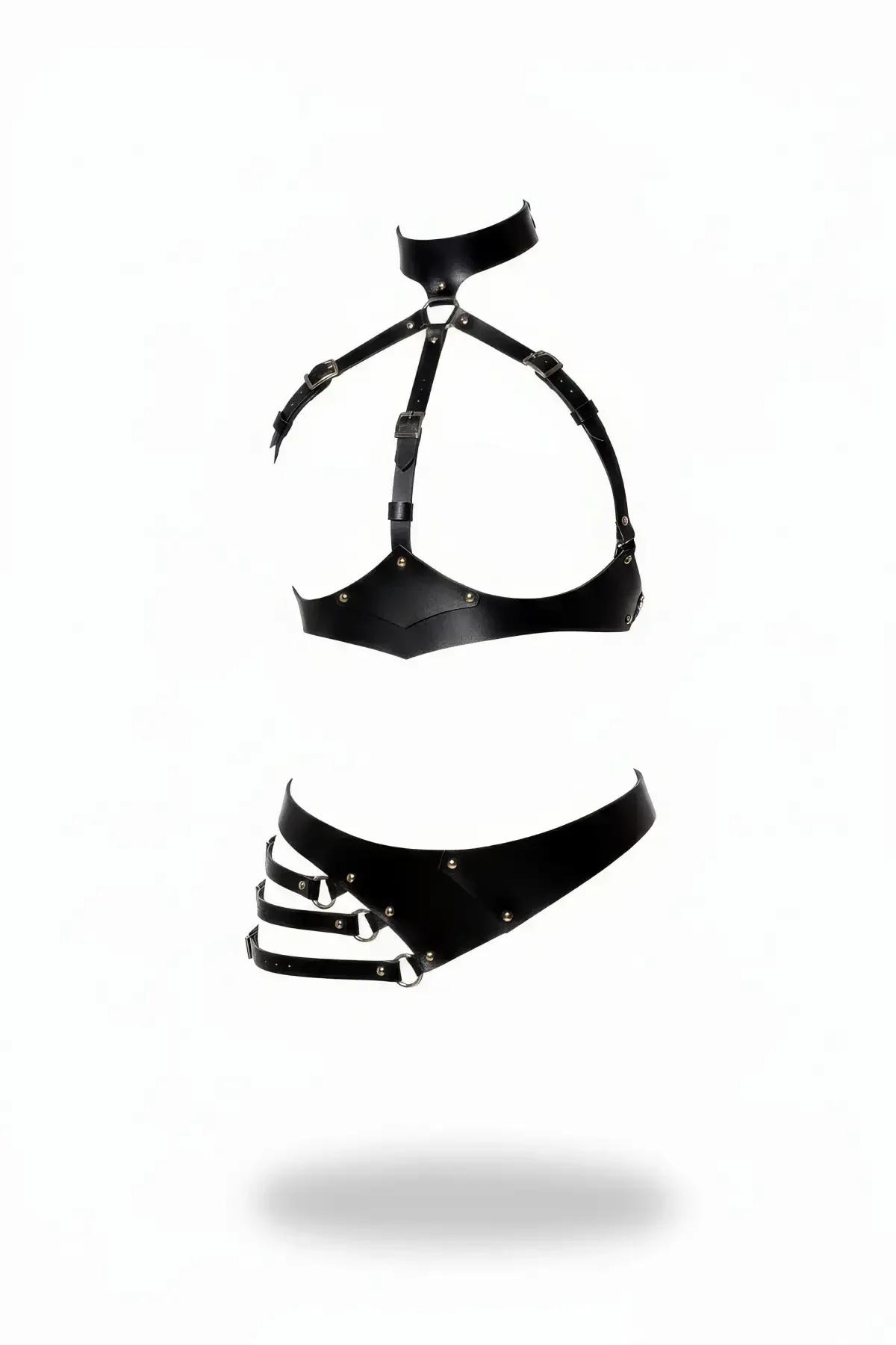 siyah vegan deri harness takım boyunluklu üst harness ve üç bantlı alt harness gümüş metal toka perçin