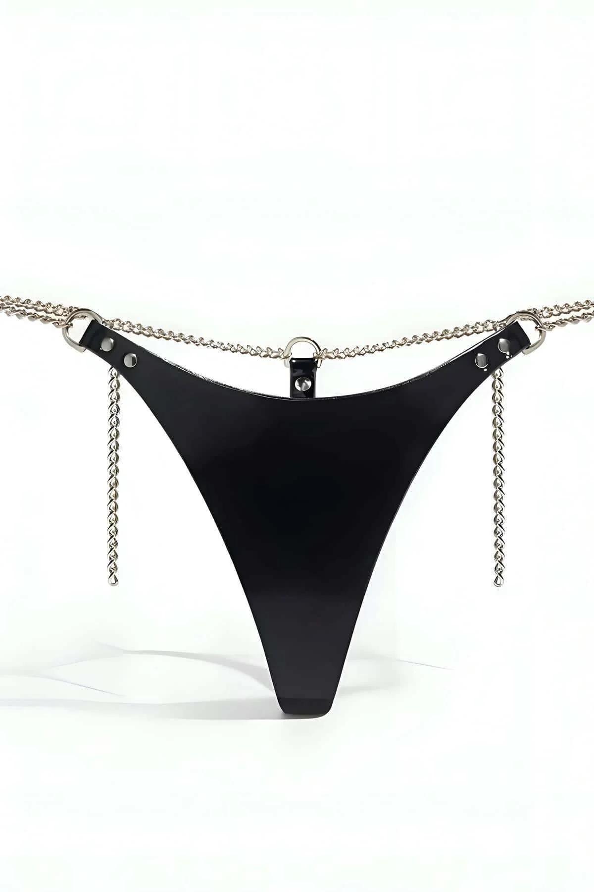 black PU leather thong harness front view showing flat-head rivet studs and matte strap panel