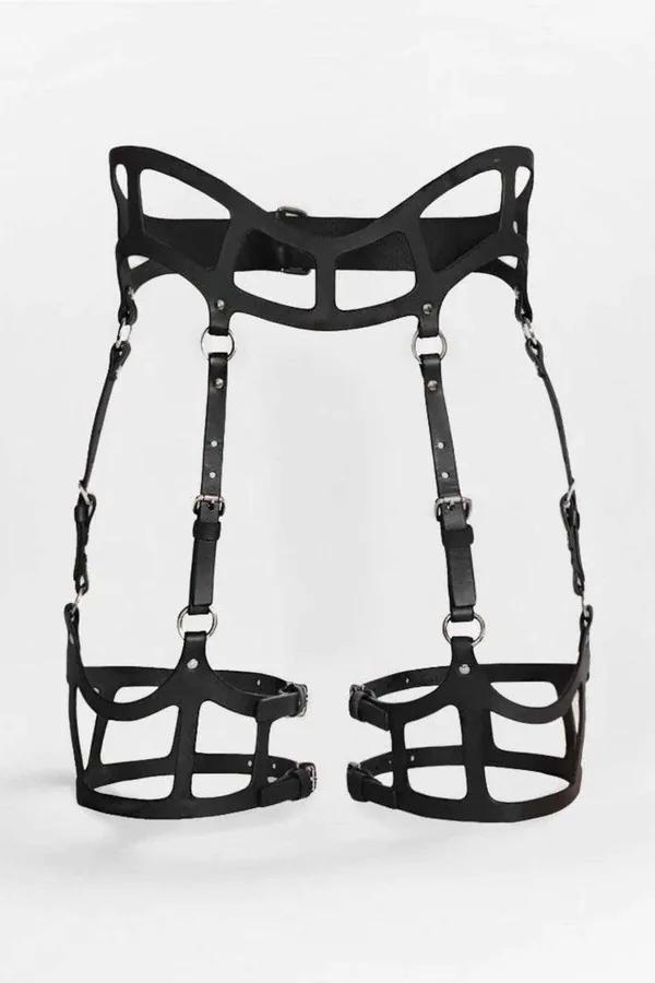 black faux leather cage garter harness with structured waistband cutout panel and silver-tone O-ring leg straps