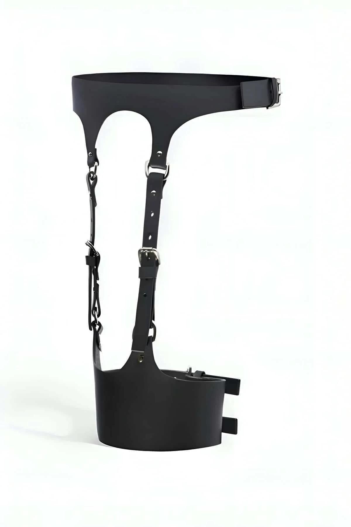 Wide black PU waist belt detail with silver rectangular buckle on single leg harness