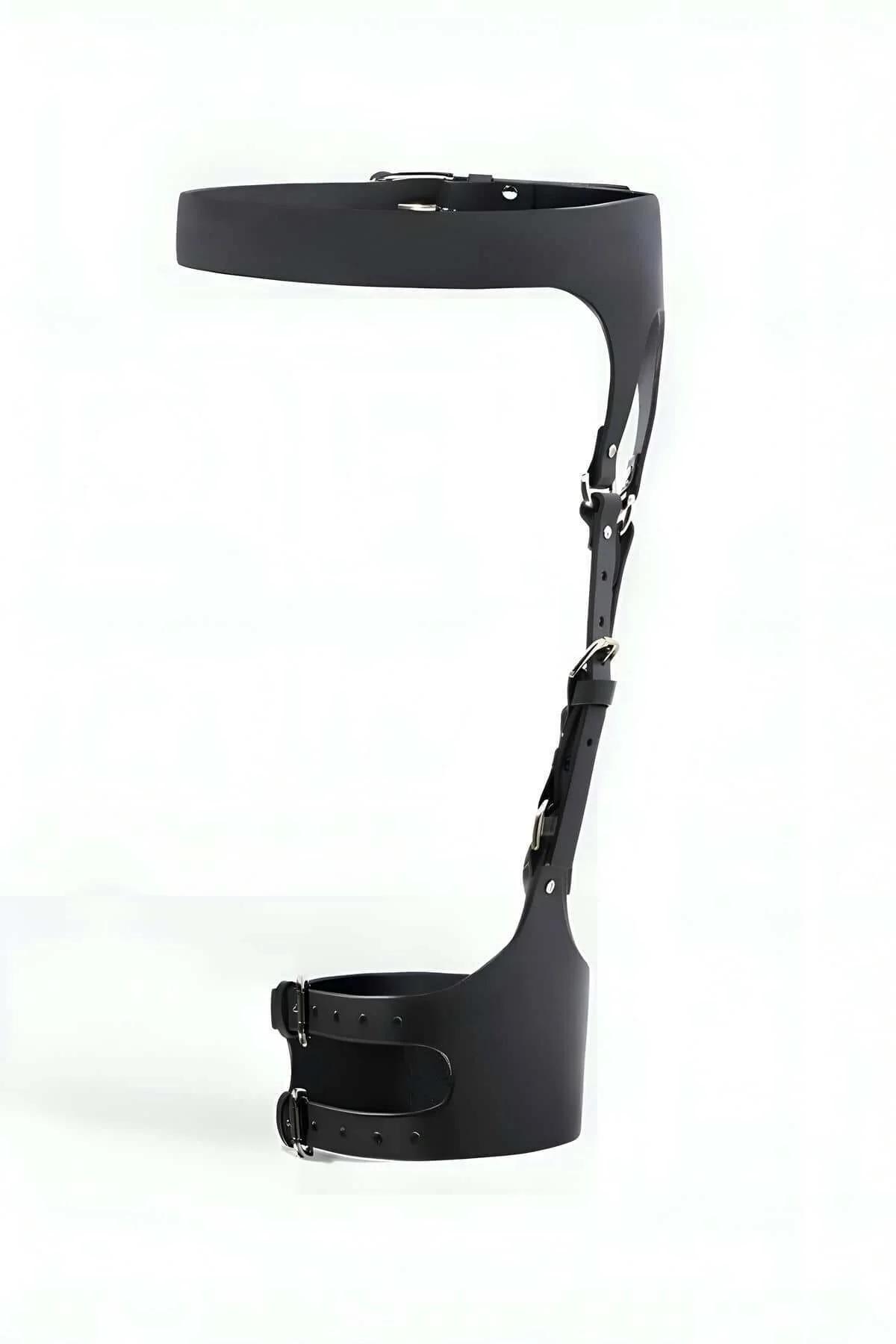 Black vegan leather thigh cuff with two adjustable silver buckles on upper leg