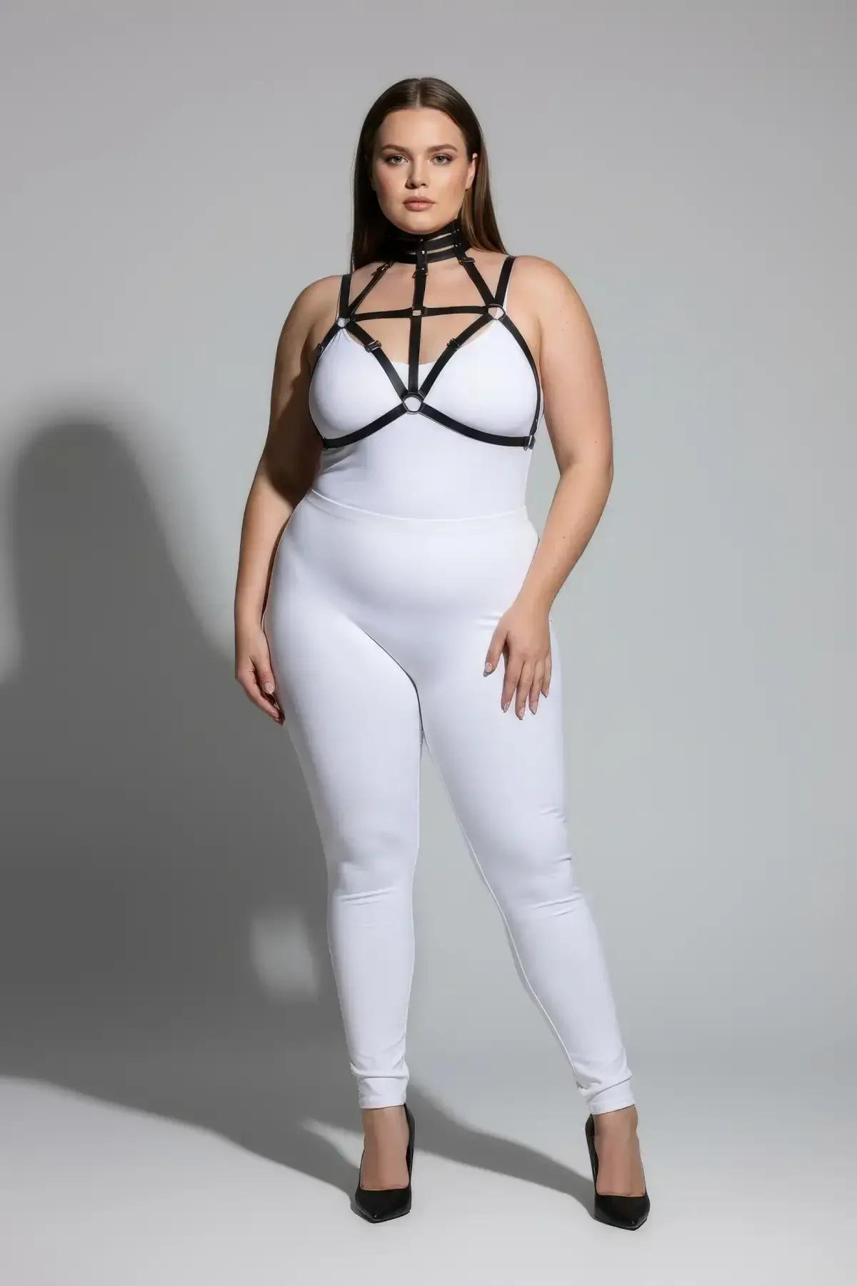 büyük beden harness takım gümüş O-ring toka merkez detayı siyah lastik