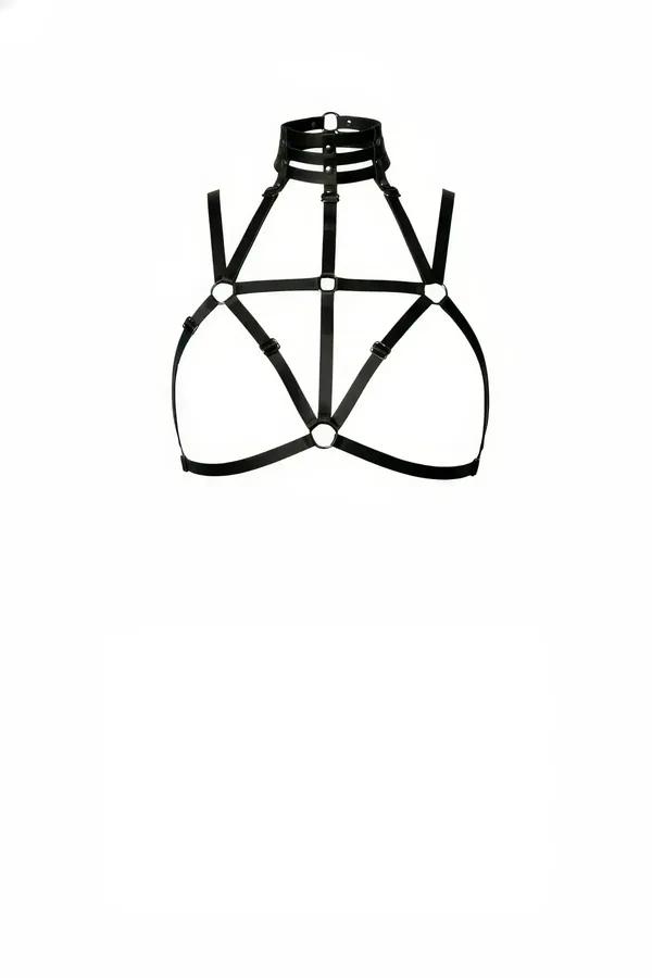 siyah elastik göğüs harness çift bantlı yüksek yaka gümüş O halka geometrik bant yapısı