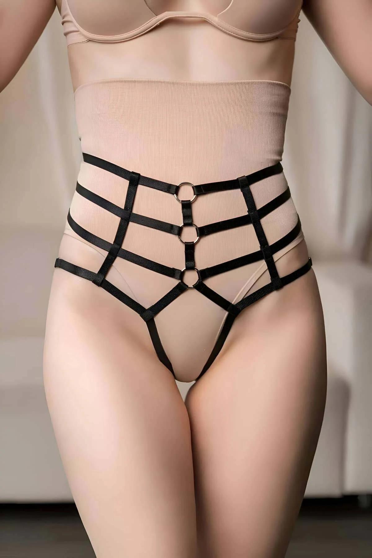 High waist cage harness thong black elastic grid straps showing approximately 18 cm rise