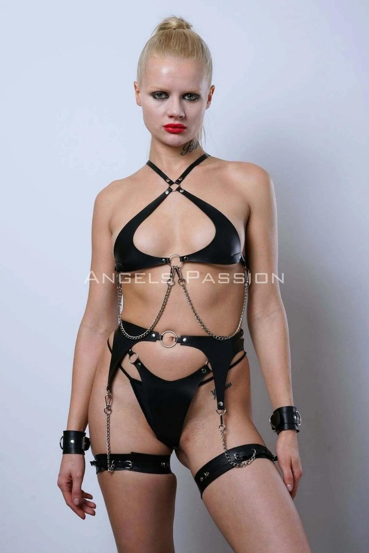 black faux leather thigh bands with silver chain drops and rivet trim wrist cuffs detail
