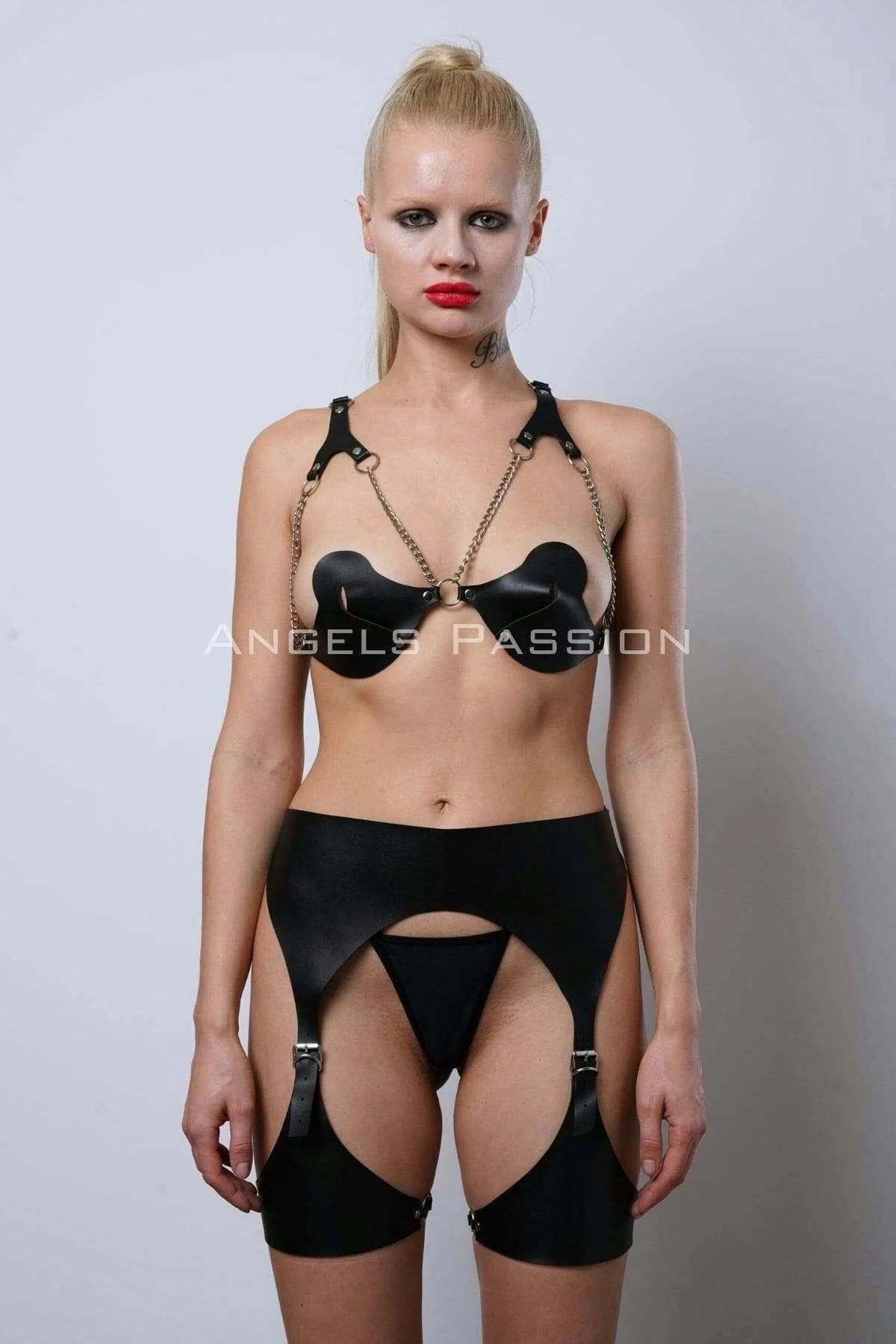 Black faux leather thigh strap bands with adjustable gunmetal buckle closures mid-thigh
