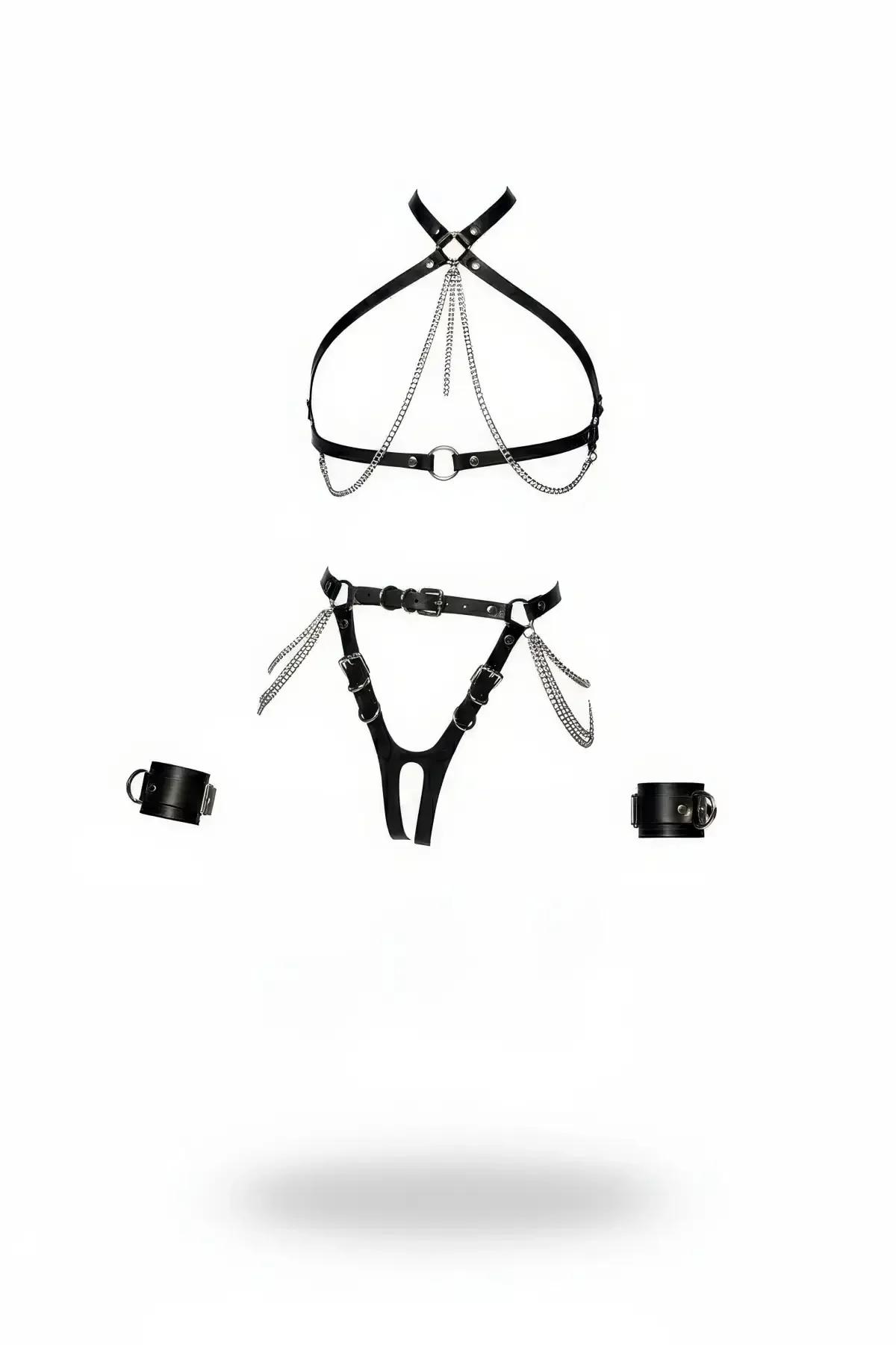 Siyah vegan deri 3 parçalı harness takım gümüş zincir detaylı göğüs bel harness ve bileklik seti