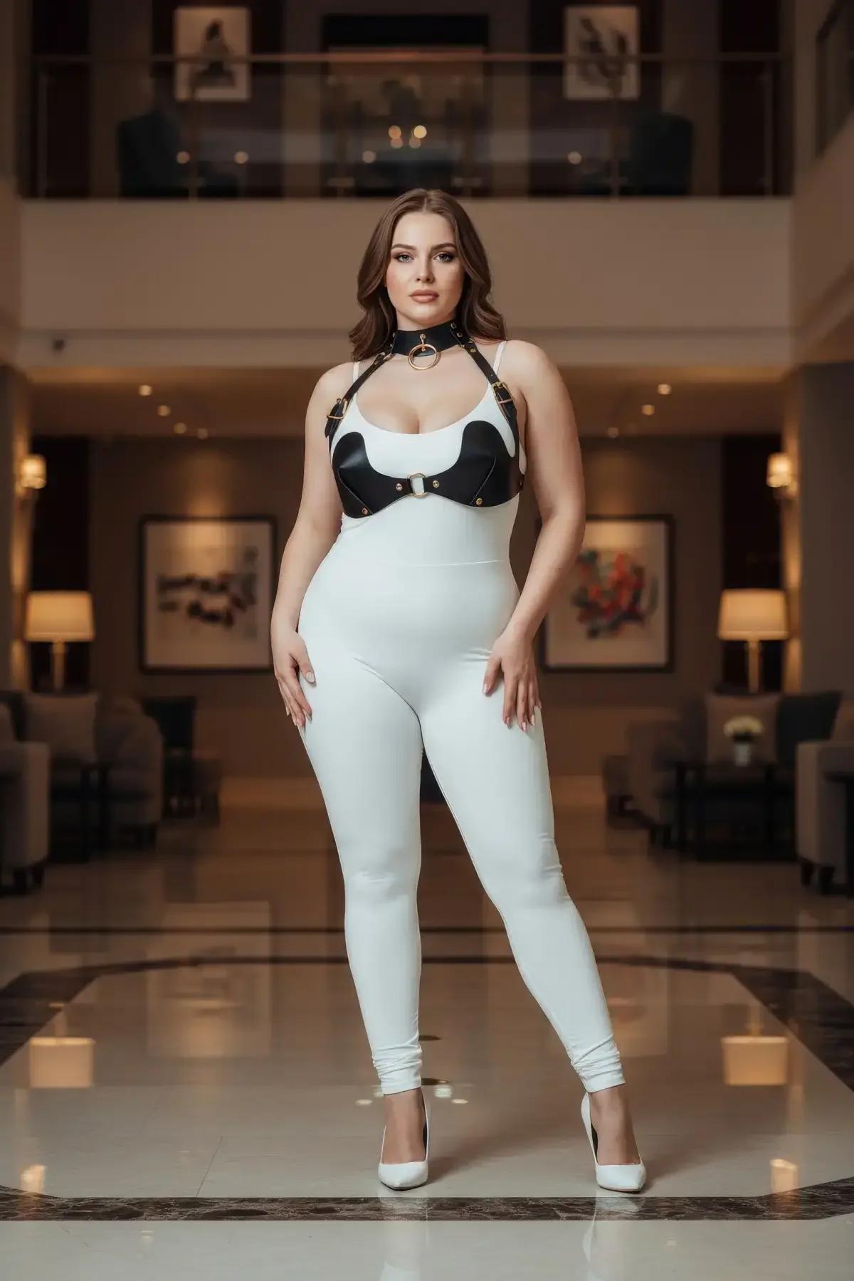 choker ve harness eşleşen siyah vegan deri altın O-ring detay yakın plan