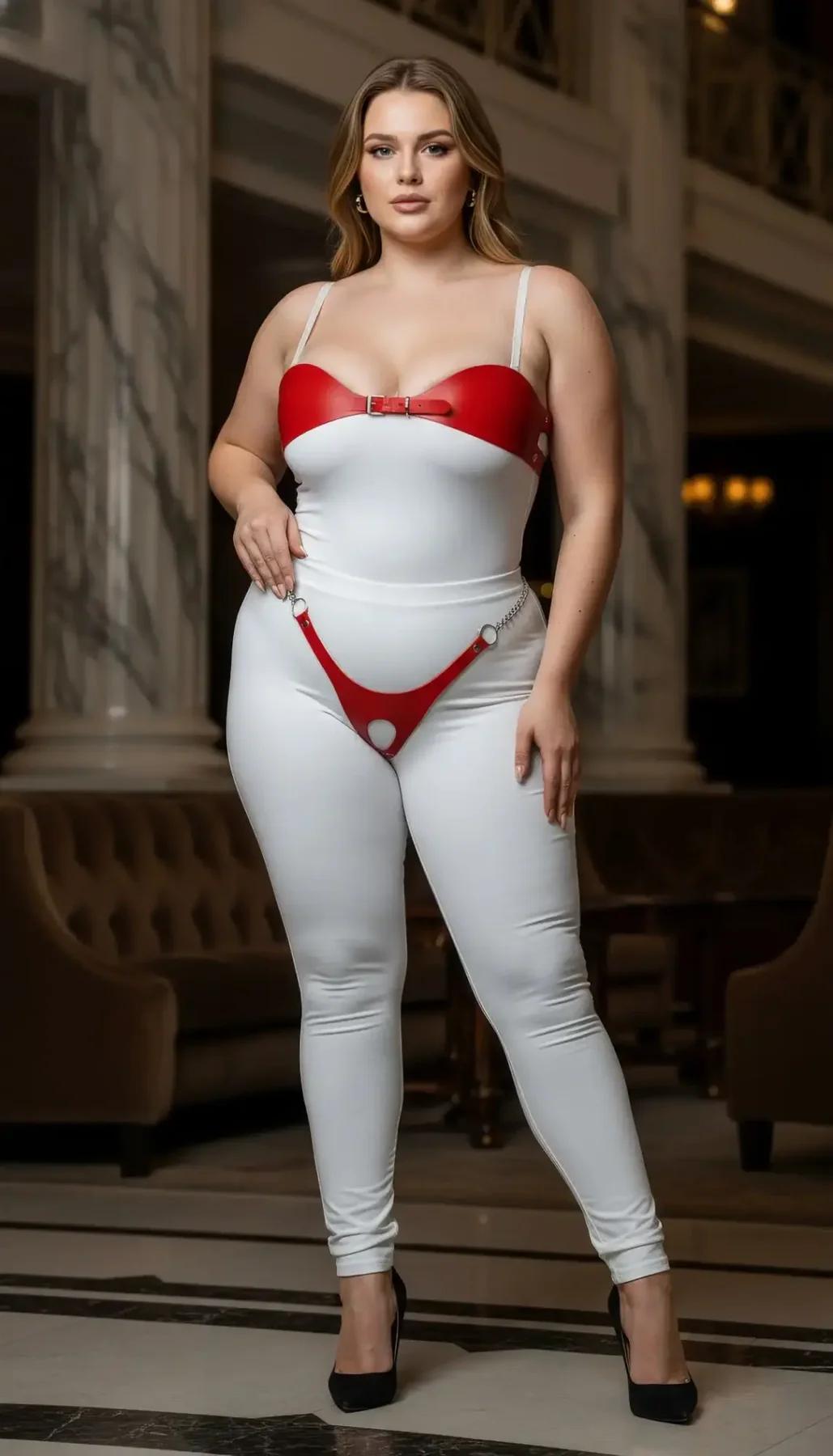 büyük beden model kırmızı deri harness takım tam vücut yan açı görünüm