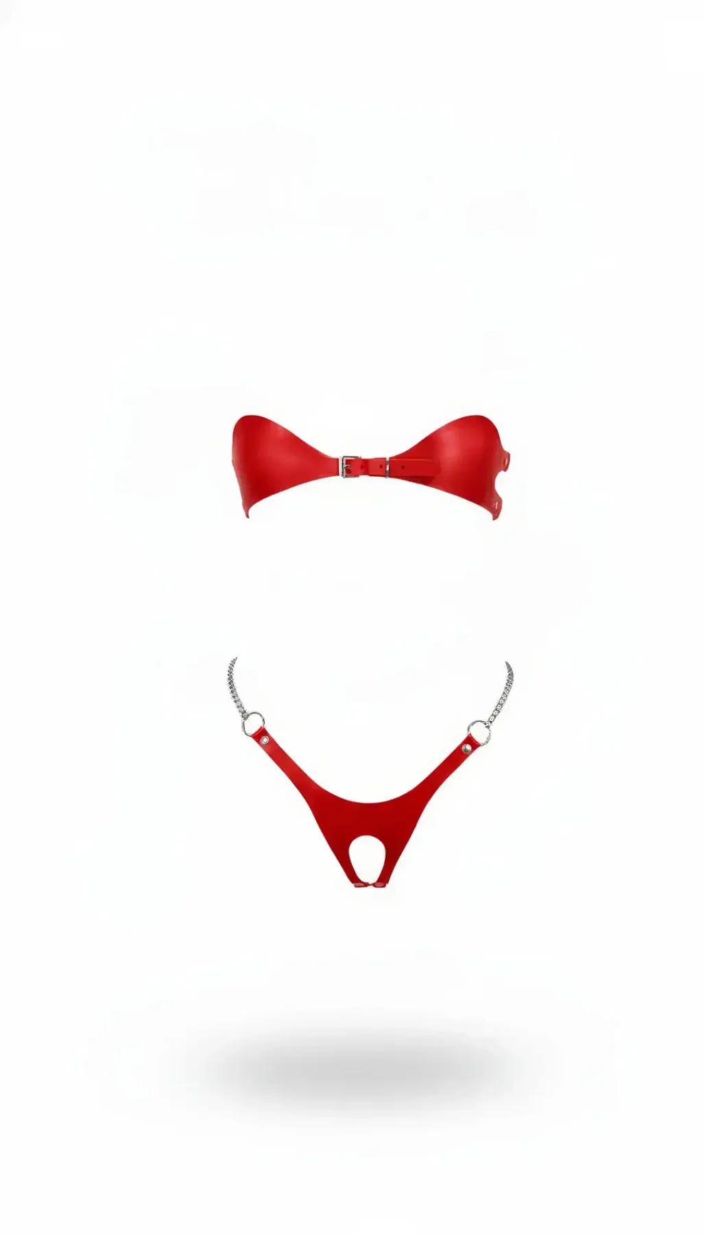 kırmızı vegan deri harness bralet takım gümüş zincir detaylı straplez üst ve harness alt parça
