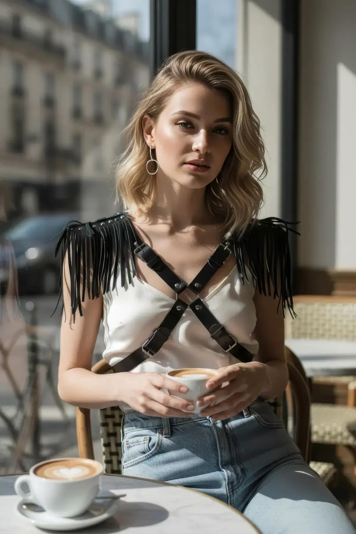 Siyah deri harness X çapraz şerit düzeni ve gümüş metal çıtçıt yakın çekim