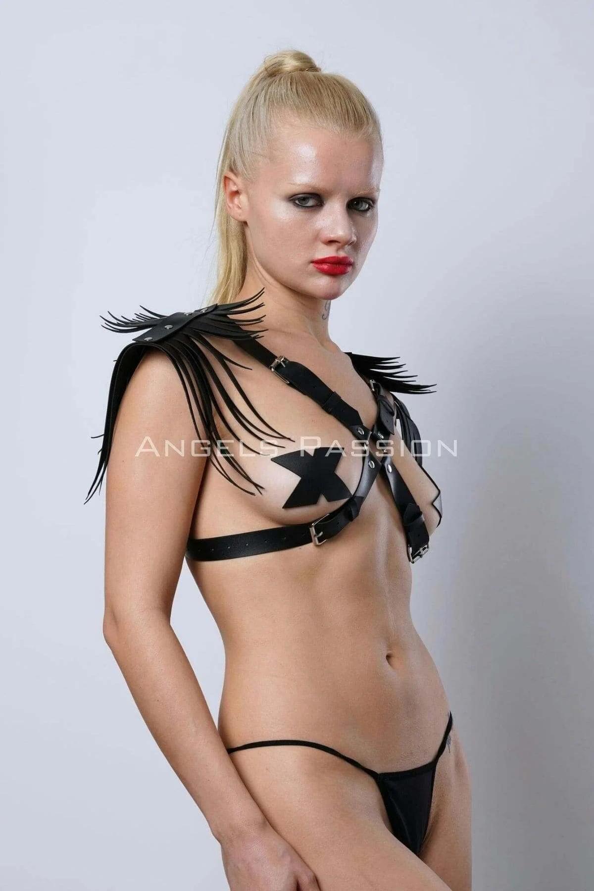 Matte black PU shoulder harness with cut fringe strips radiating from epaulette panels