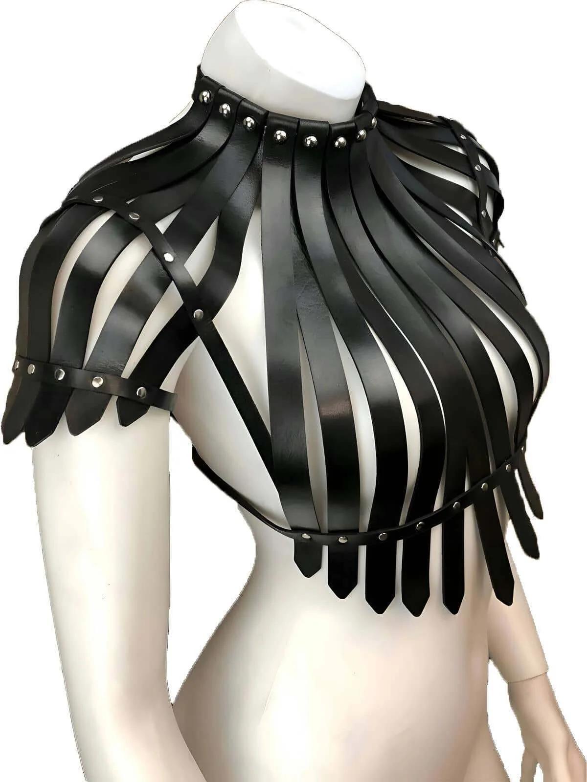 black faux leather fringed shoulder harness front view showing stud neckband and full fringe length