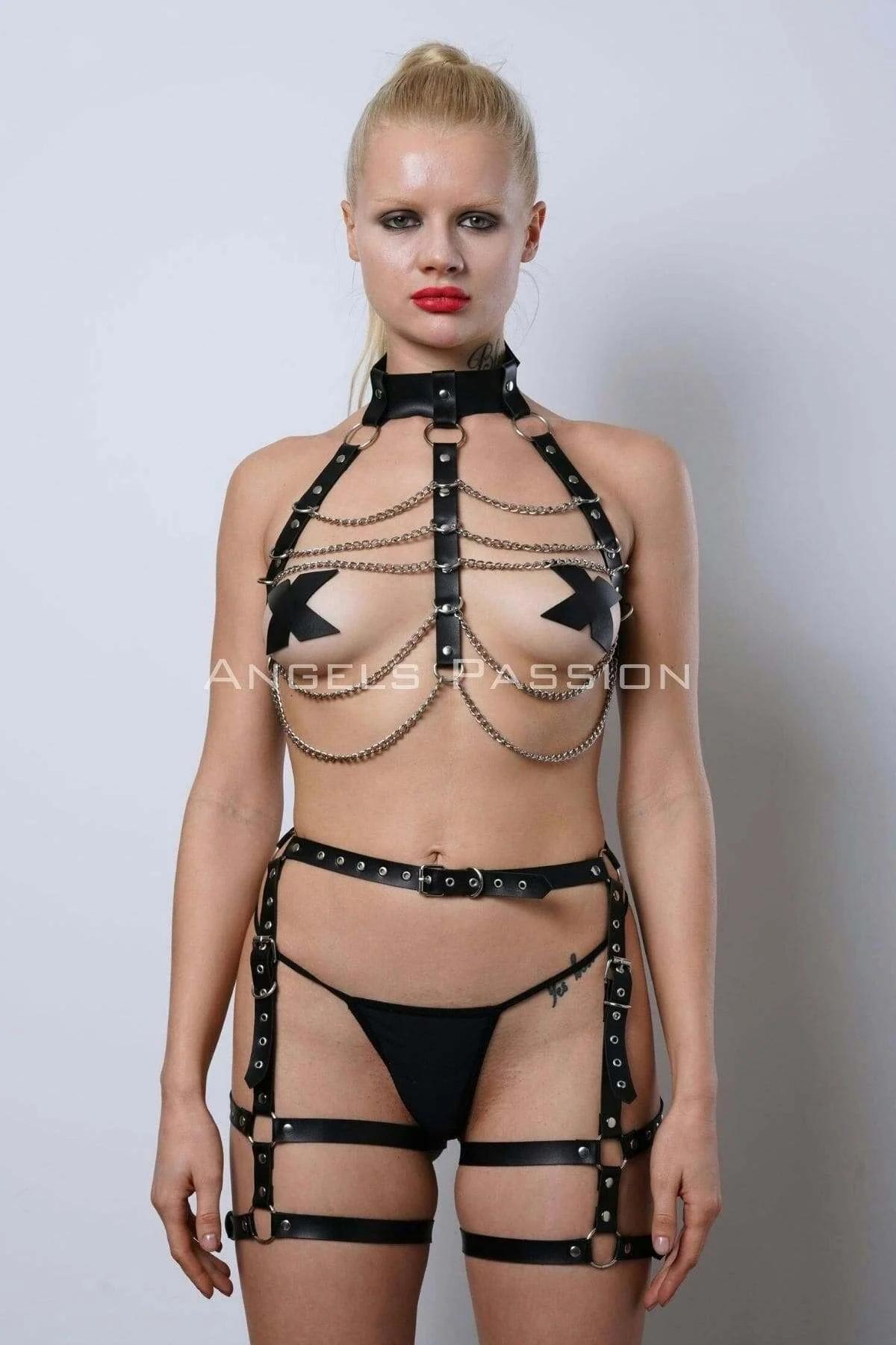 Black faux leather collar and upper chest harness section showing D-ring and vertical strap construction