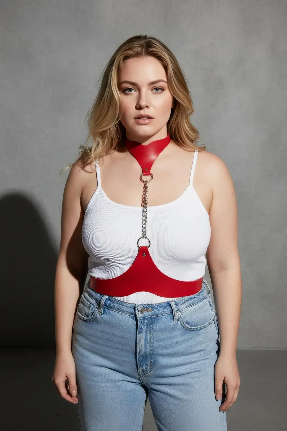 kırmızı vegan deri vücut aksesuar seti choker zincir bel bandı gümüş donanım