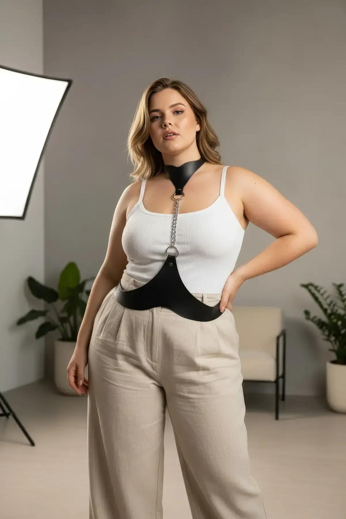 siyah vegan deri underbust bel bandı gümüş metal toka detayı büyük beden harness