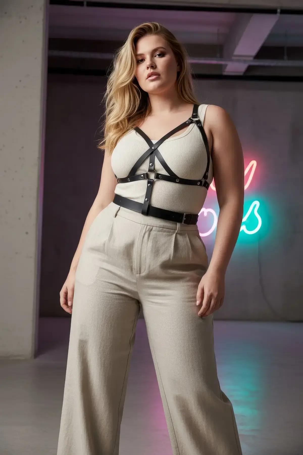 siyah çapraz şeritli vücut harness büyük beden yan profil bej pantolon kombini