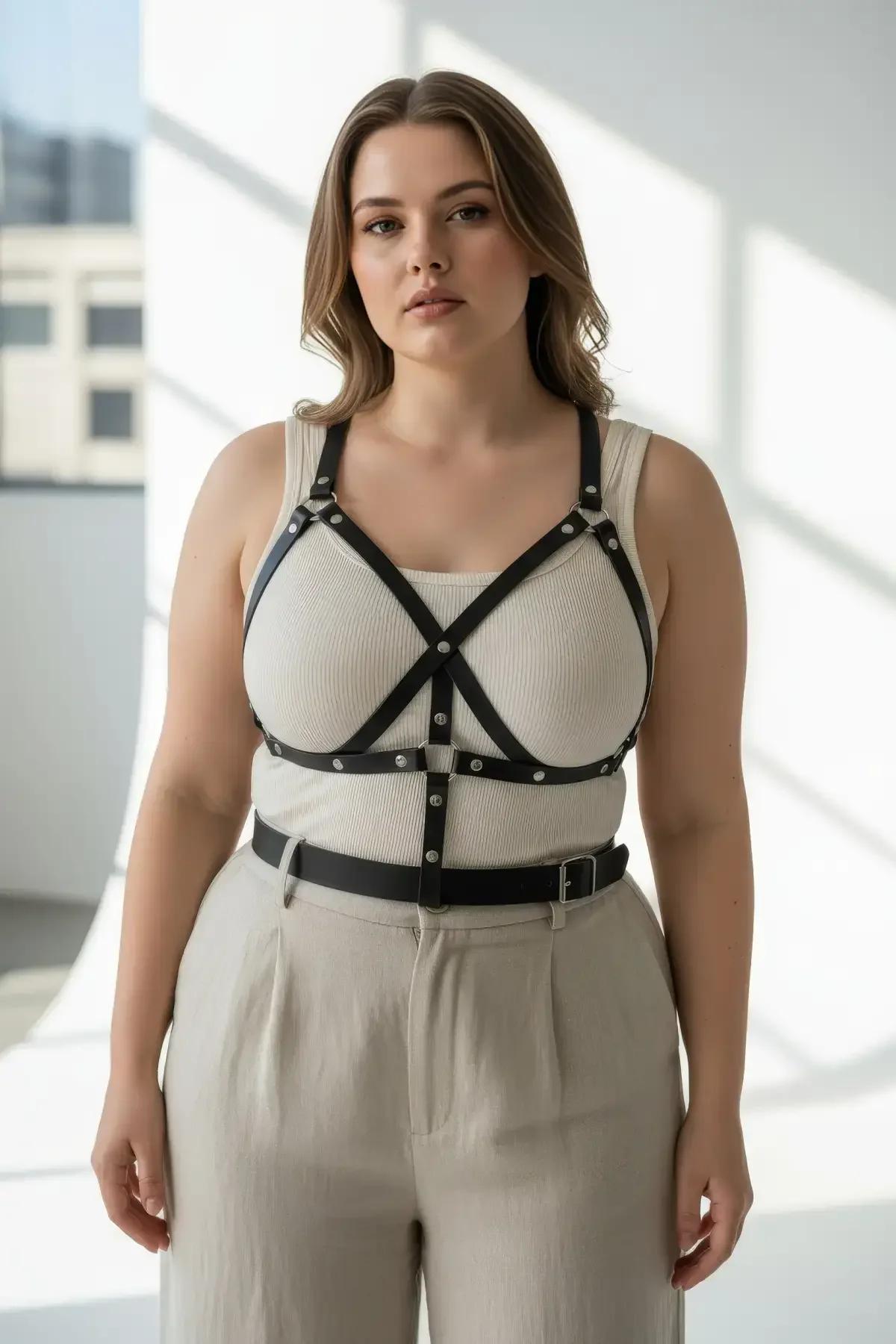 vegan deri body harness büyük beden göğüs şerit geometri V kesim detay görünümü