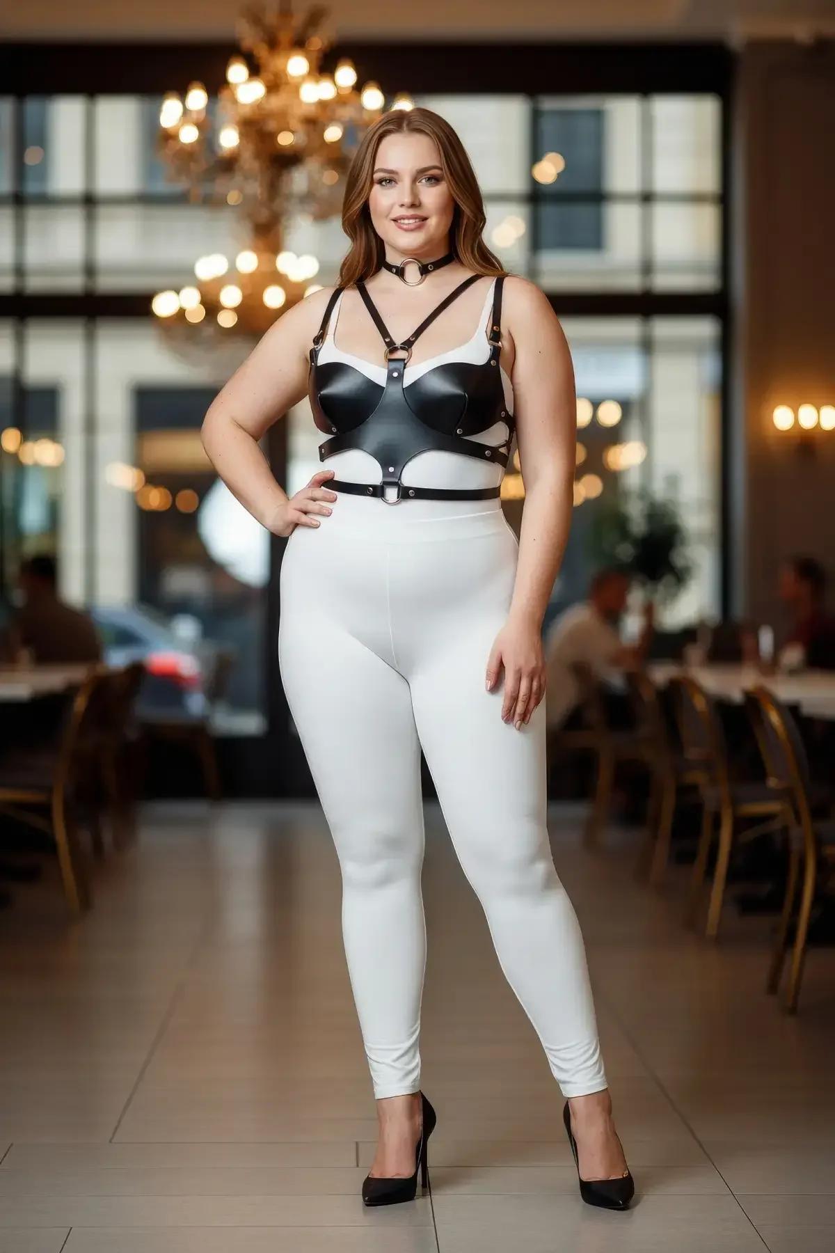 büyük beden siyah harness aksesuar beyaz üst üzerinde kombinlenmiş yan profil