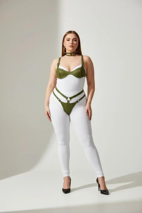 Büyük beden haki vegan deri harness takım, balkon sütyen ve altın O-halkalı bel bandı, choker tasma ile