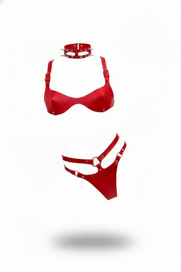 kırmızı vegan deri harness takım gümüş çivili boyunluk yarım kupa sütyen ve harness külot 3 parça set